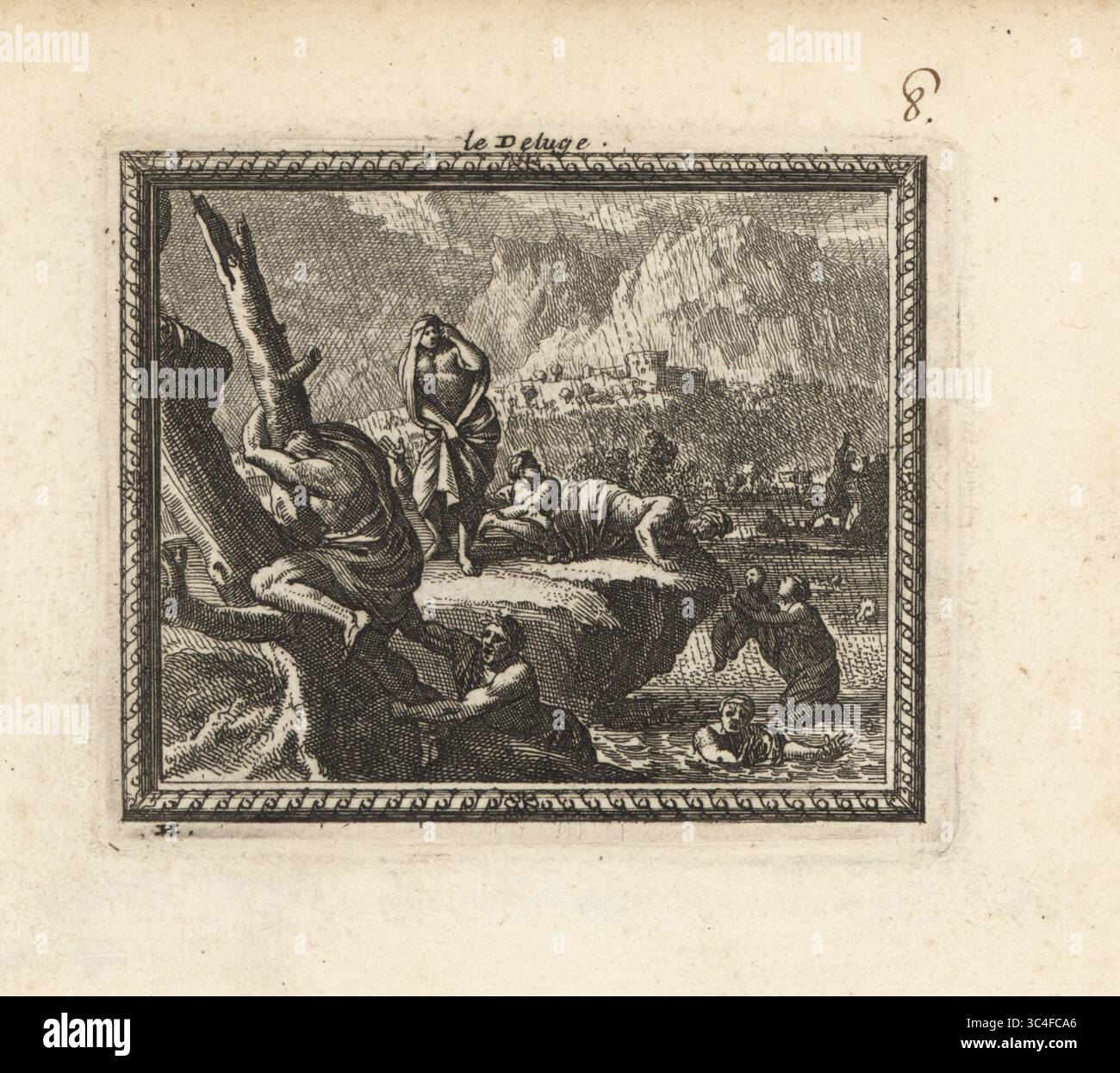 Zeus, appalled by King Lycaon's offering of his son, unleashing a flood over the earth. Men and women drown in the flooded lands during the downpour.. Desperate people cling to trees and rocks in the rain. Le Deluge. Copperplate engraving from Metamorphoses d’Ovide, Engravings for Ovid’s Metamorphoses, chez Audran, Paris, 1676. Stock Photo