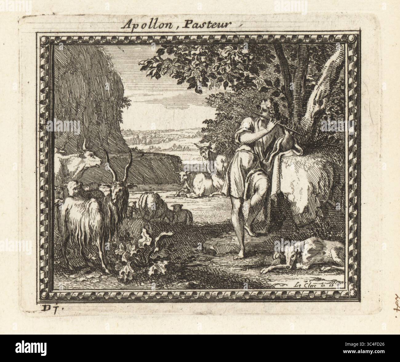 Apollo banished from heaven by Jupiter for killing the Cyclopes who forged his thunderbolts. He plays his flute as a cowherd to the cattle of King Admetus of Admetus. Apollon, Pasteur. Copperplate engraving by Sebastien LeClerc from Metamorphoses d’Ovide, Engravings for Ovid’s Metamorphoses, chez Audran, Paris, 1676. Stock Photo