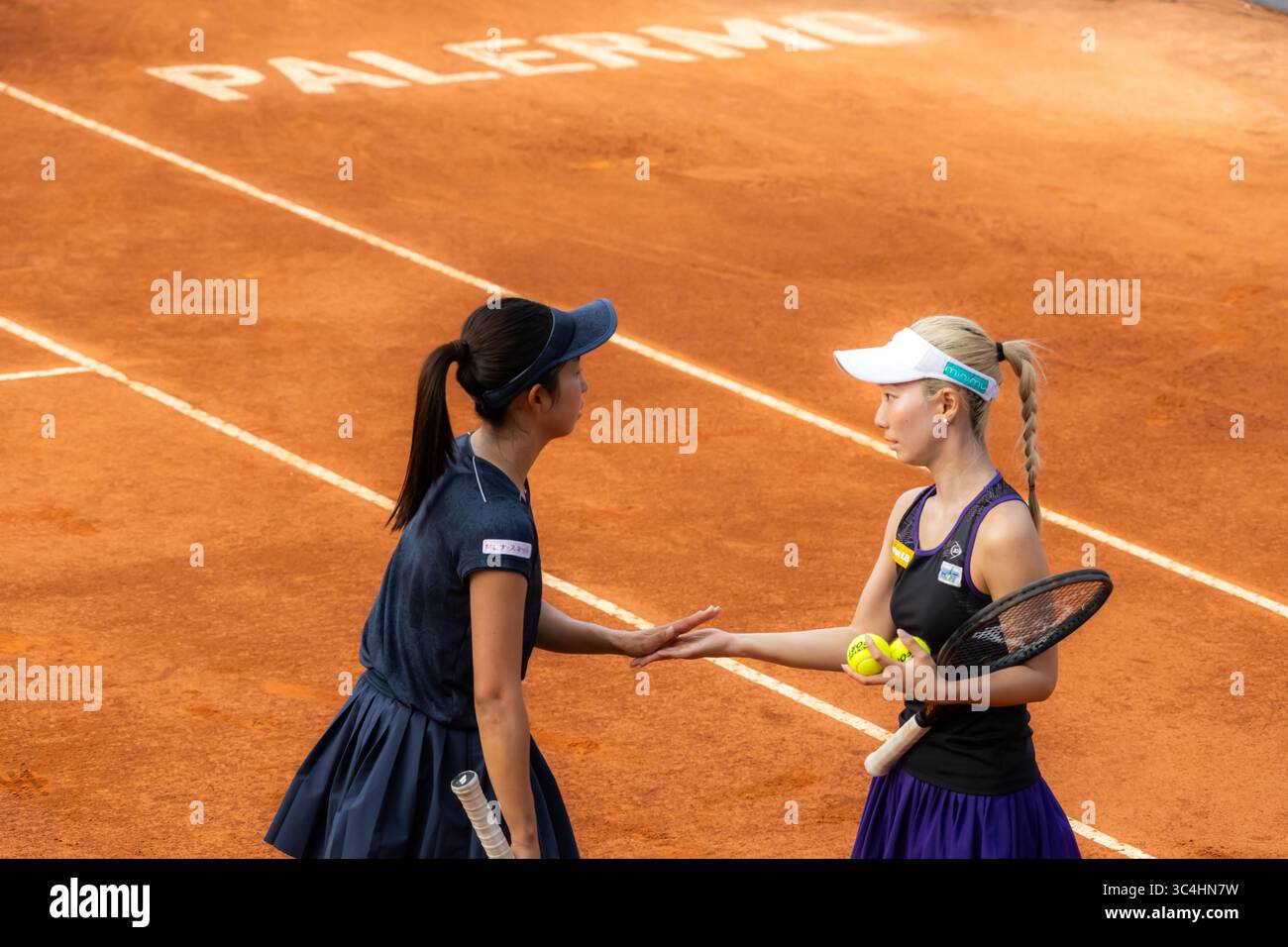 Palermo, Italy. 26th July, 2025. Palermo Ladies Open 2025: Estelle Cascino and Shuo Feng vs Momoko Kobori and Ayano Shimizu. Momoko Kobori And Ayano Shimizu during a final match in Palermo. (Credit Image: © Antonio Melita/Pacific Press via ZUMA Press Wire) EDITORIAL USAGE ONLY! Not for Commercial USAGE! Stock Photo