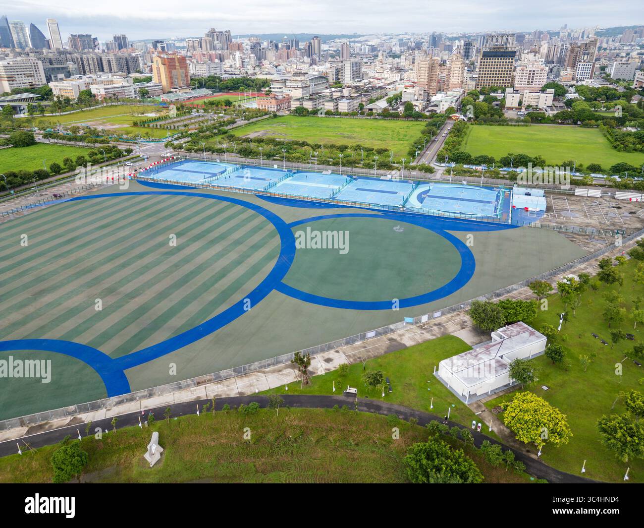 Aerial view of sports courts at Taichung Central Park, a modern urban ...