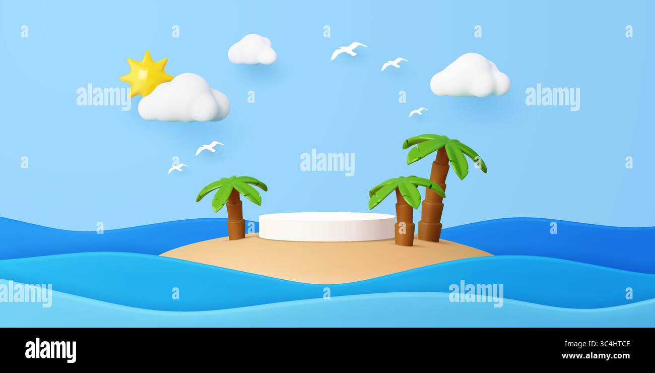 Tropical island podium stage with palm trees and white round display ...