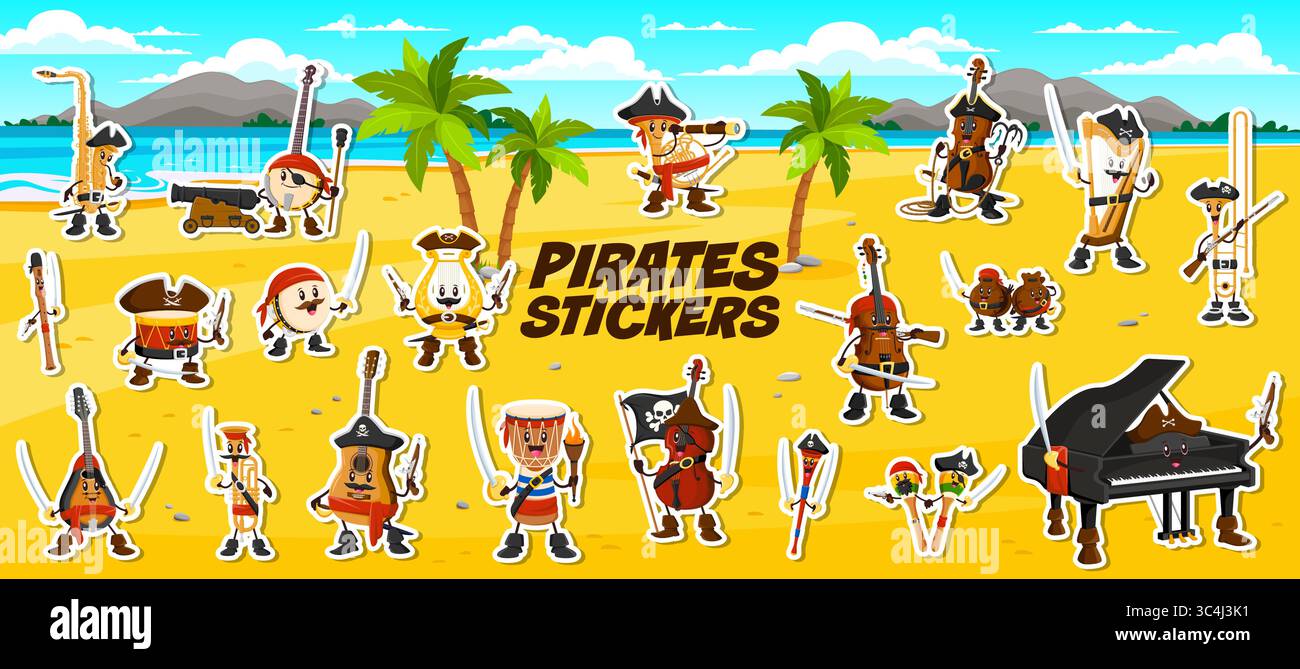 Musical instruments pirate and corsair characters stickers pack on ...
