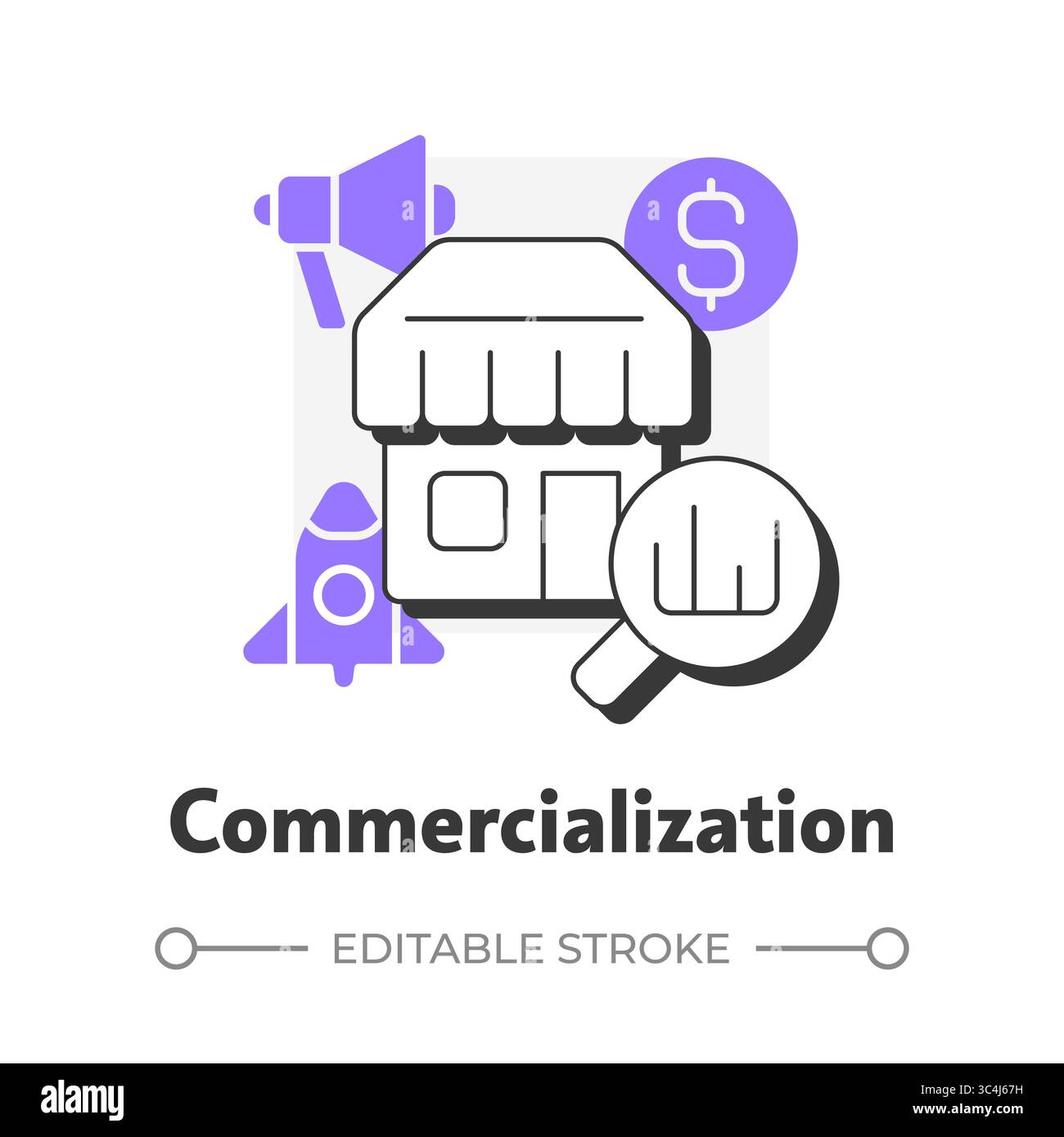 Commercialization flat outline concept icon Stock Vector