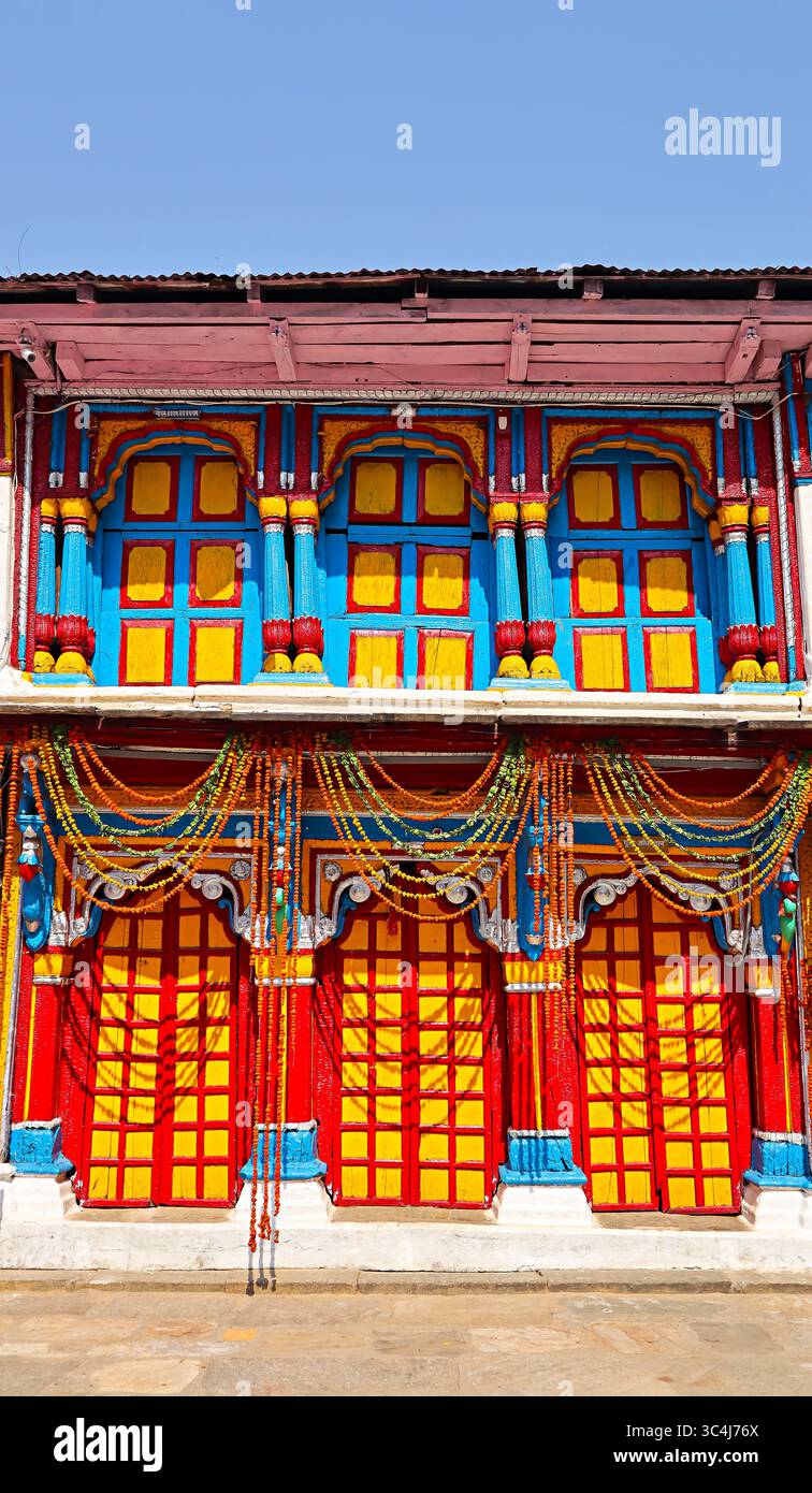 Ornately embellished Mandapa at Omkareshwar Temple in Ukhimath, Rudraprayag, Uttarakhand, India. Stock Photo