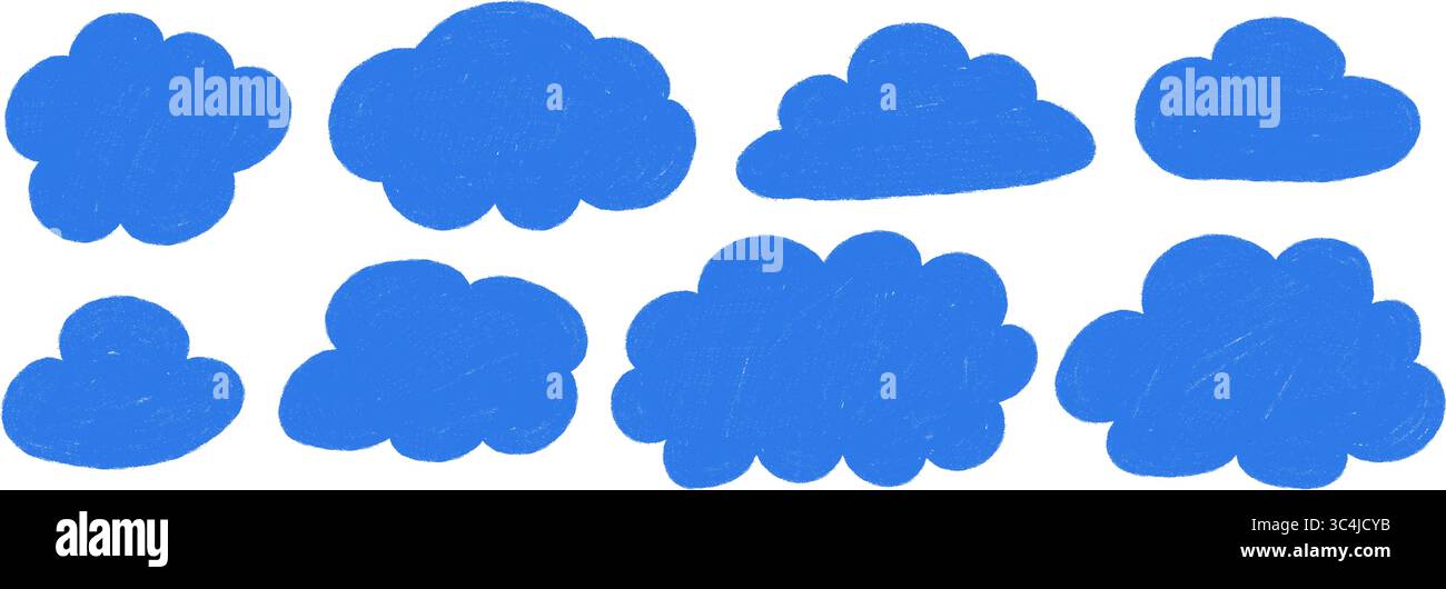 Hand drawn blue pastel clouds set. Childish crayon doodle sky elements. Vector illustration on white background Stock Vector