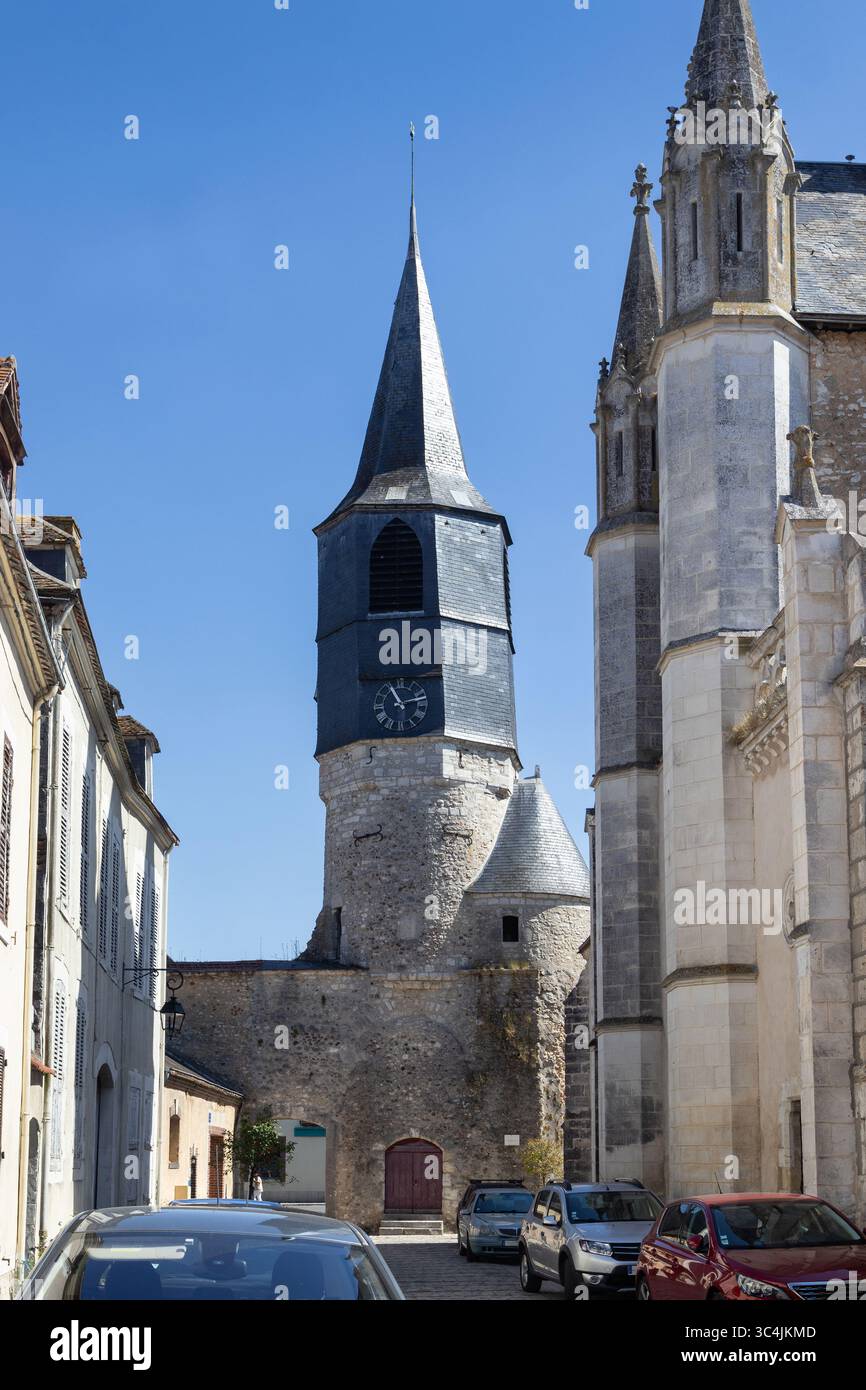 View of the old town gate of Chatillon-Coligny, in the Central Pays de Loire, in France, on a sunny summers day with copy space above left. - Stock Image