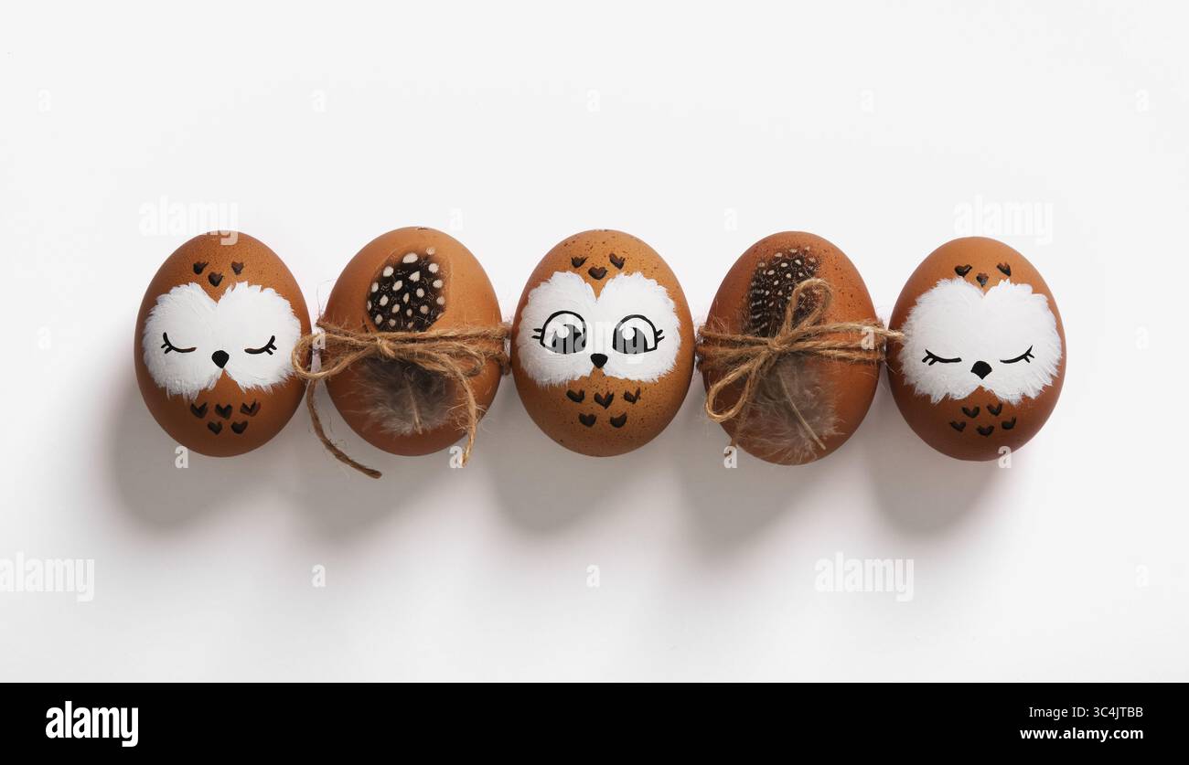 Funny owl family. Brown Easter eggs with painted faces, eggs with bird feathers. Stock Photo