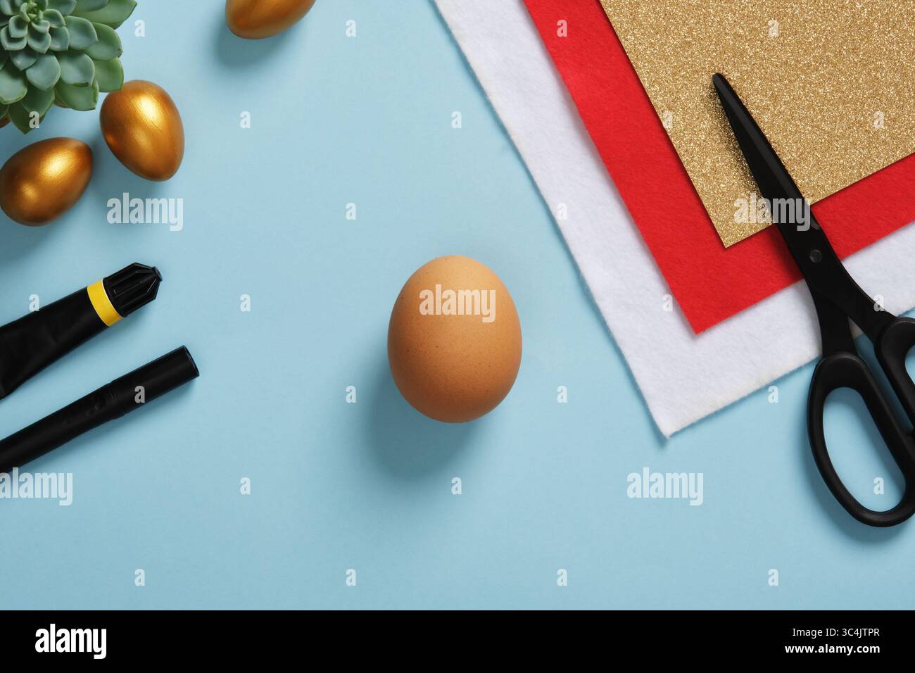 DIY Easter Egg King. Step-by-step instructions. Step 1. Take eggshells, red and white felt, gold cardboard, glue, black felt pen, scissors. Stock Photo