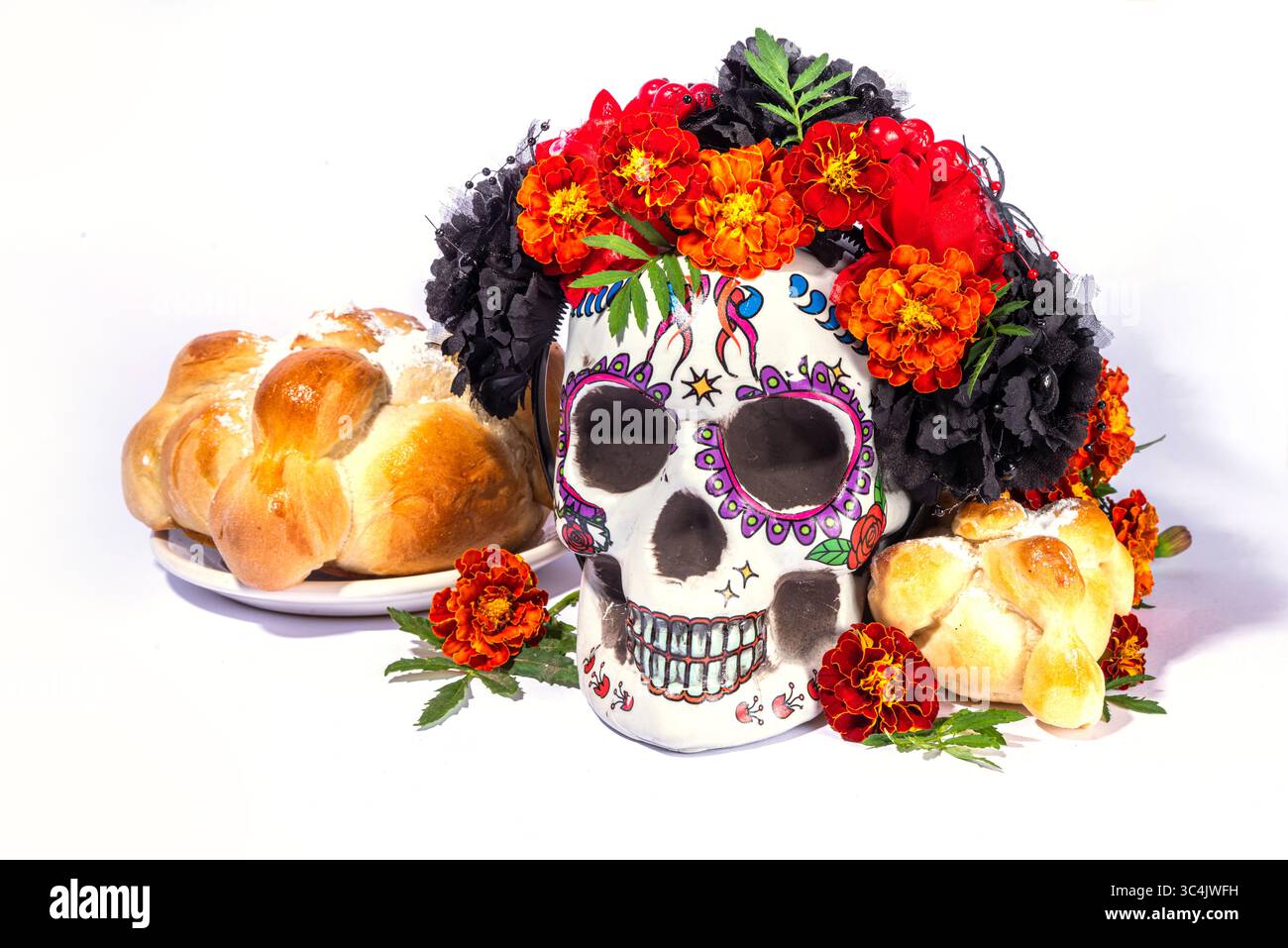 Spanish Mexican traditional holiday, autumn festival Day of the Dead (dia de los muertos) background. With traditional Pan de Muerto bread, decoration Stock Photo