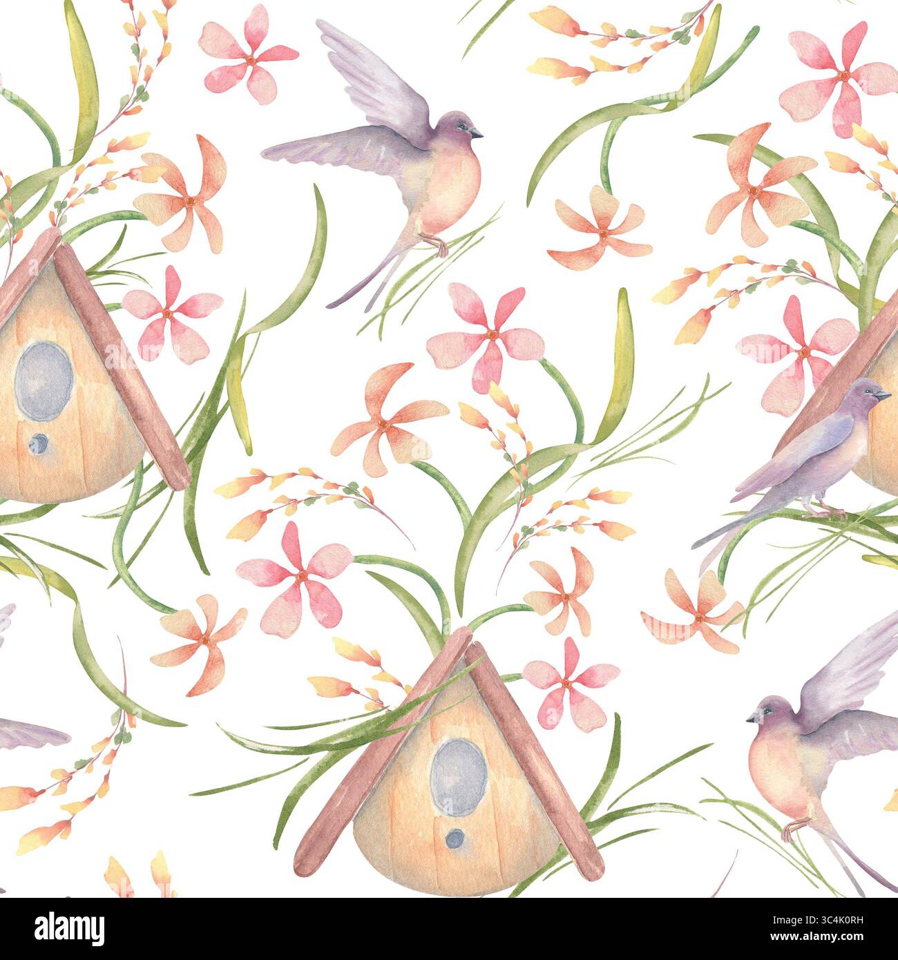 Watercolor birdhouse, spring floral in soft pink peach tones and swallow seamless pattern isolated. Wild flowers and bird hand drawn repeated Stock Photo