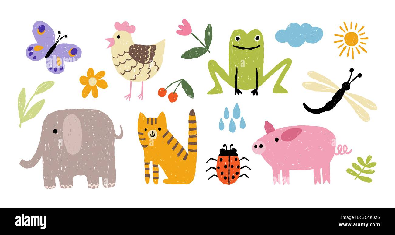 Vector Children Naive Scribble Set Of Animals Stock Vector