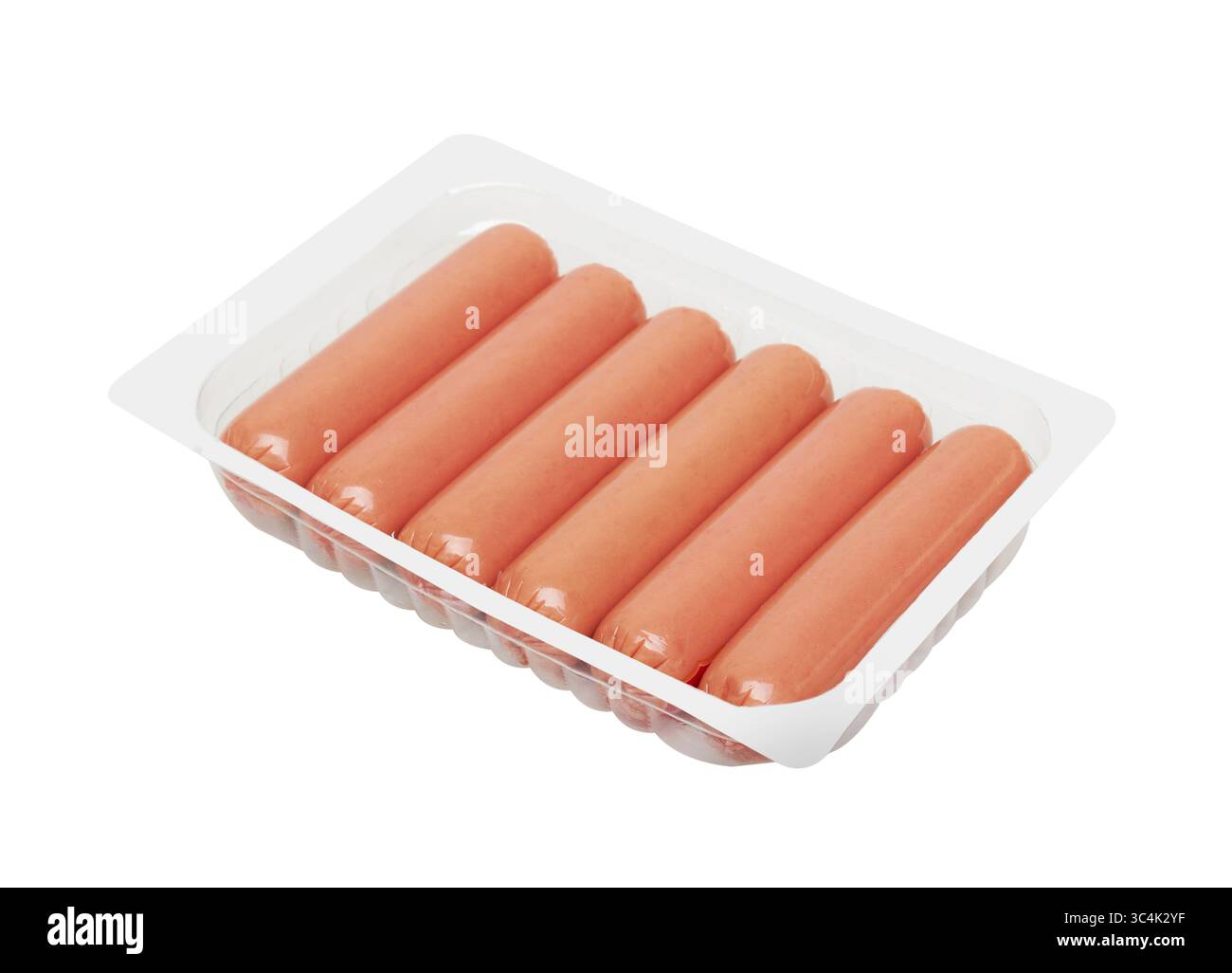 Boiled Sausages in pack isolated on white background Stock Photo