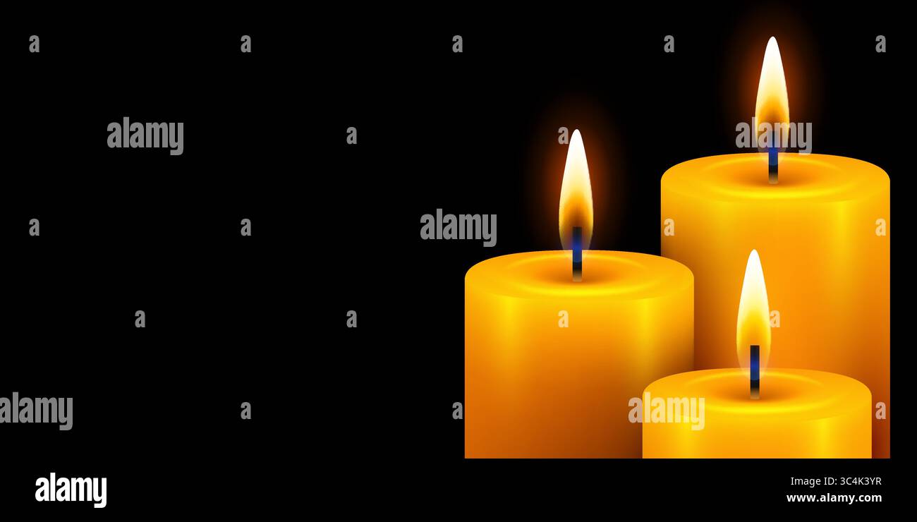 3 Burning candles. Yellow candle with golden flame on dark background. Vector illustration Stock Vector