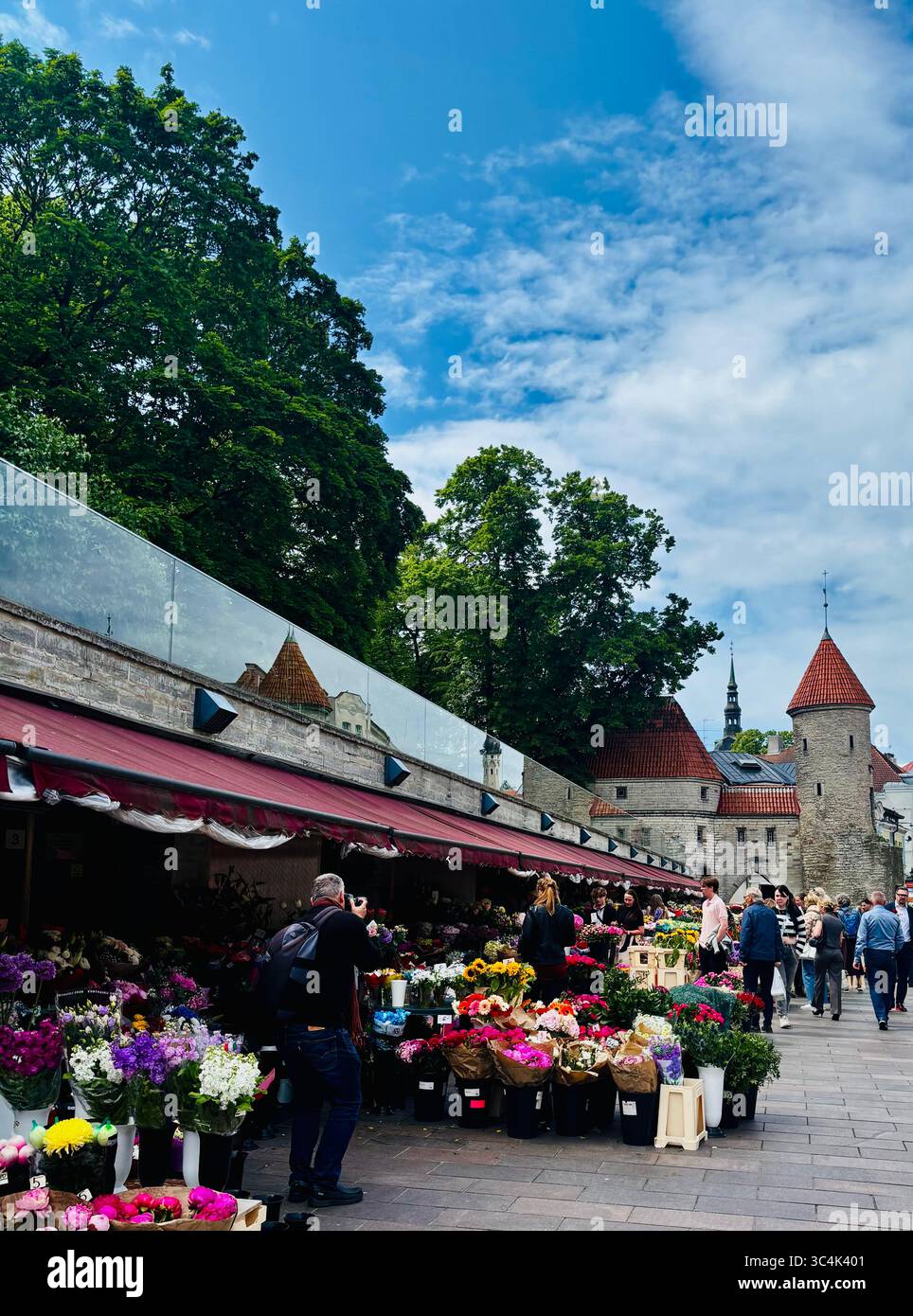 The colorful flower market outside Viru Gate in the old city of Tallinn, Estonia. - Smartphone Captured Stock Image