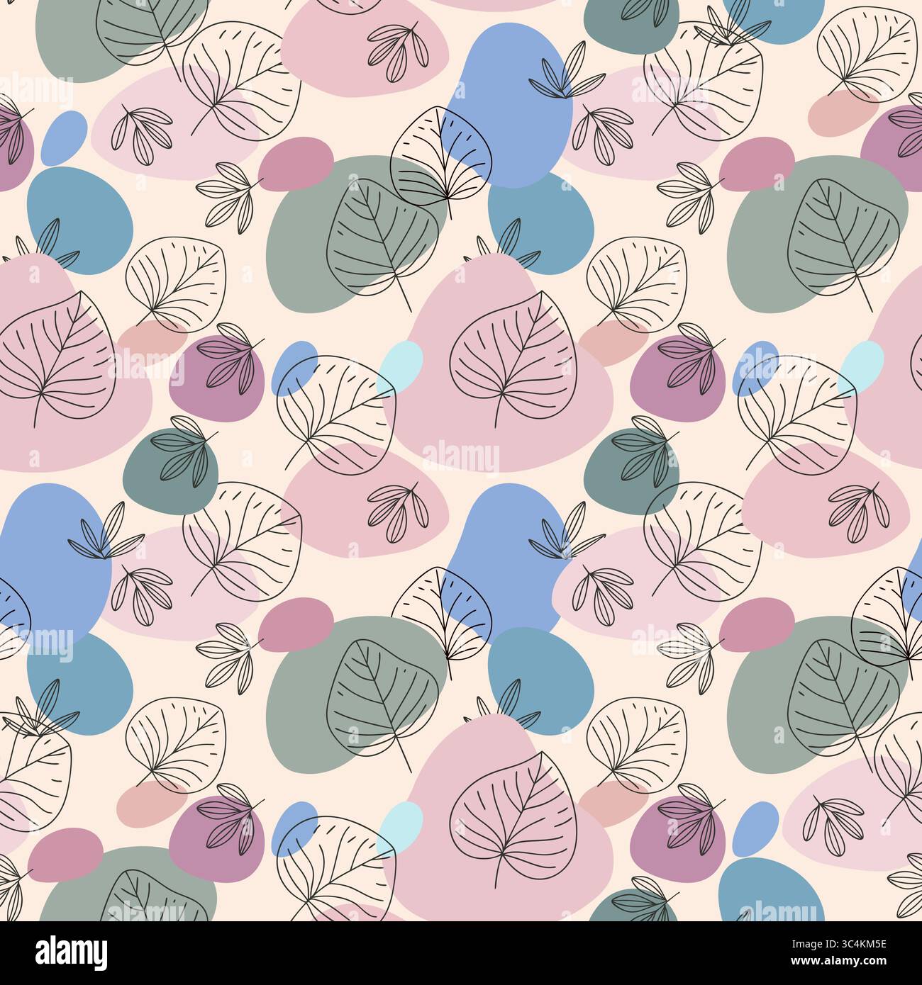 Linear Pastel Color Seamless pattern with abstract organic shapes and linear leaves in ...