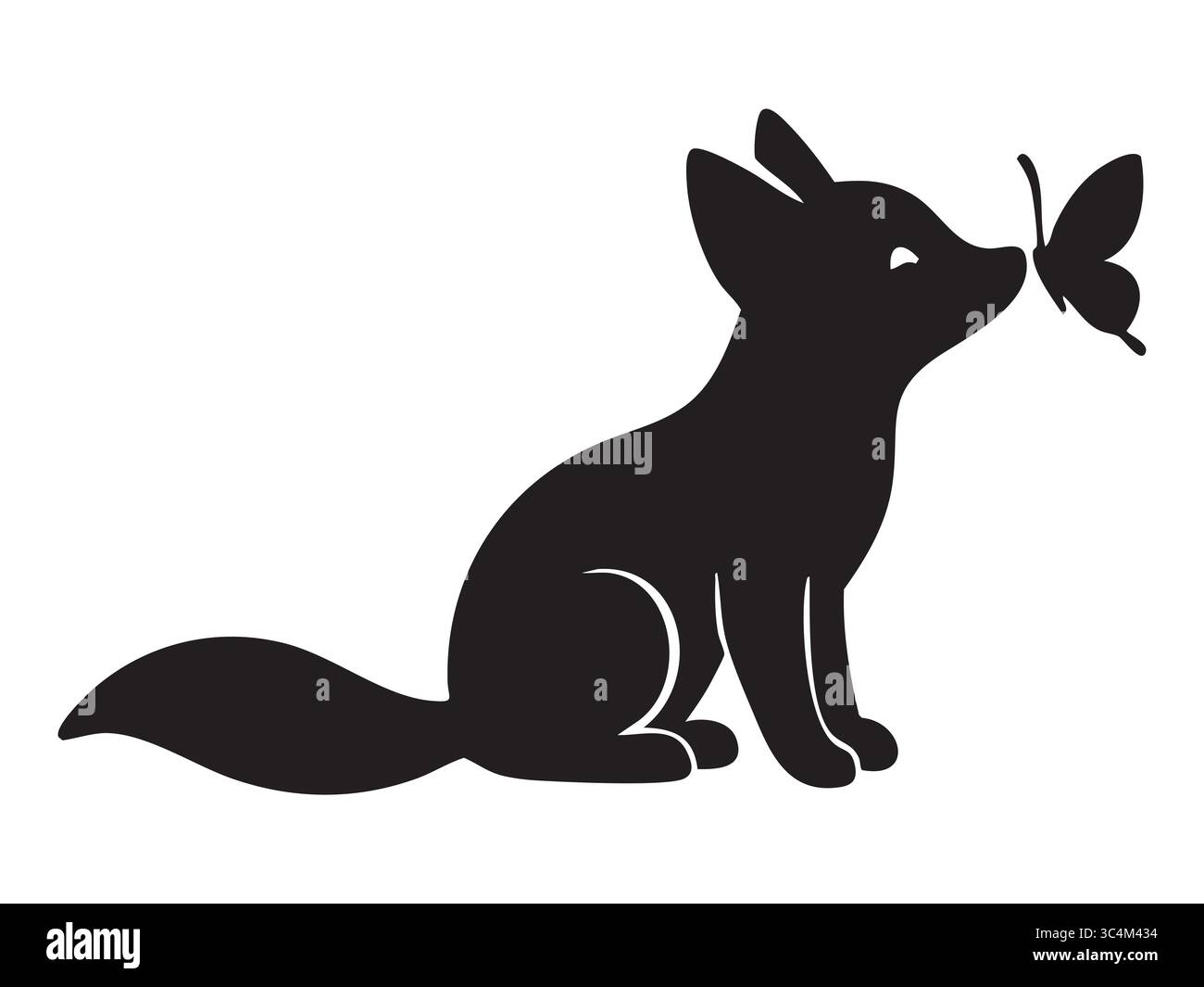 Black silhouette of fox with butterfly, isolated on white background ...