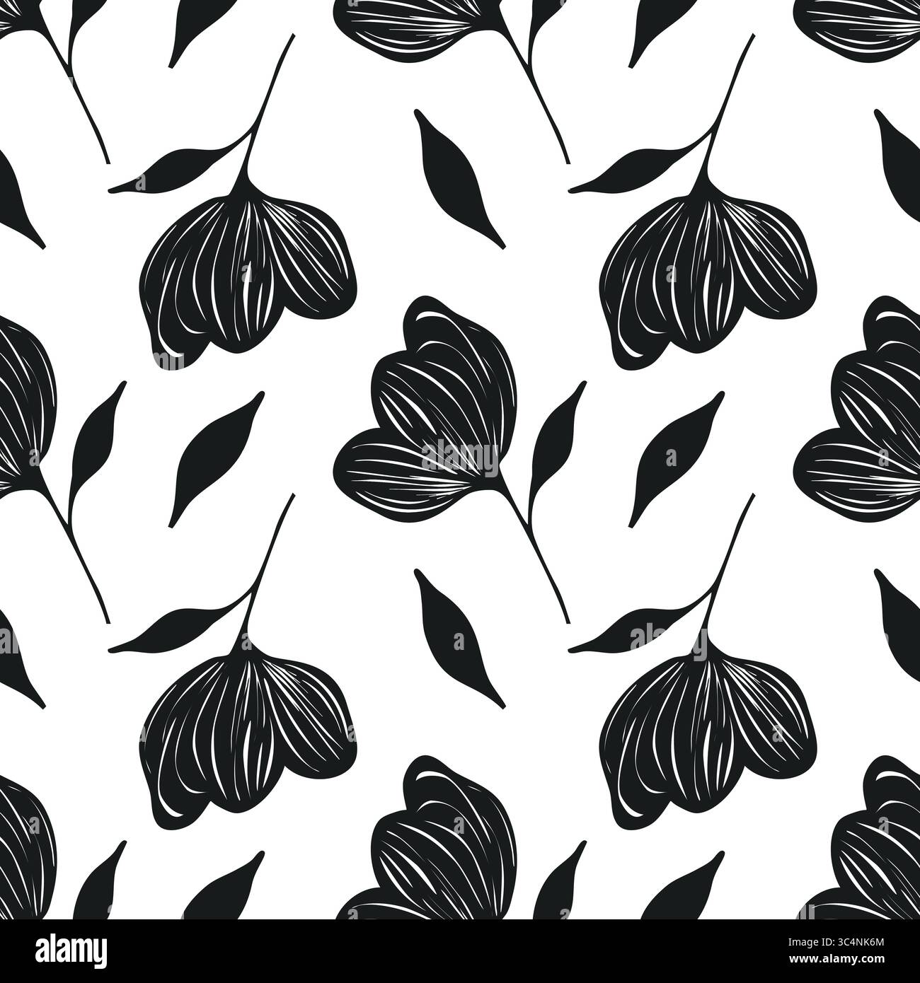 Seamless vector pattern with stylized black and white flowers and leaves, featuring a unique hand-drawn textured style for elegant design applications Stock Vector