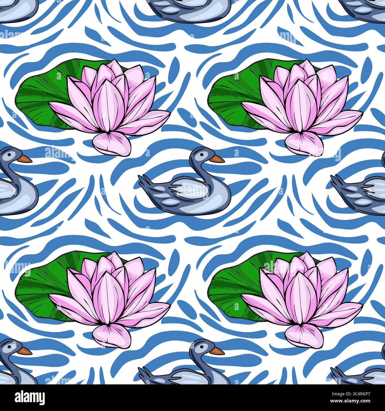 Serene vector seamless pattern featuring stylized pink lotus flowers blooming amidst blue water ripples, accompanied by graceful grey ducks, creating Stock Vector