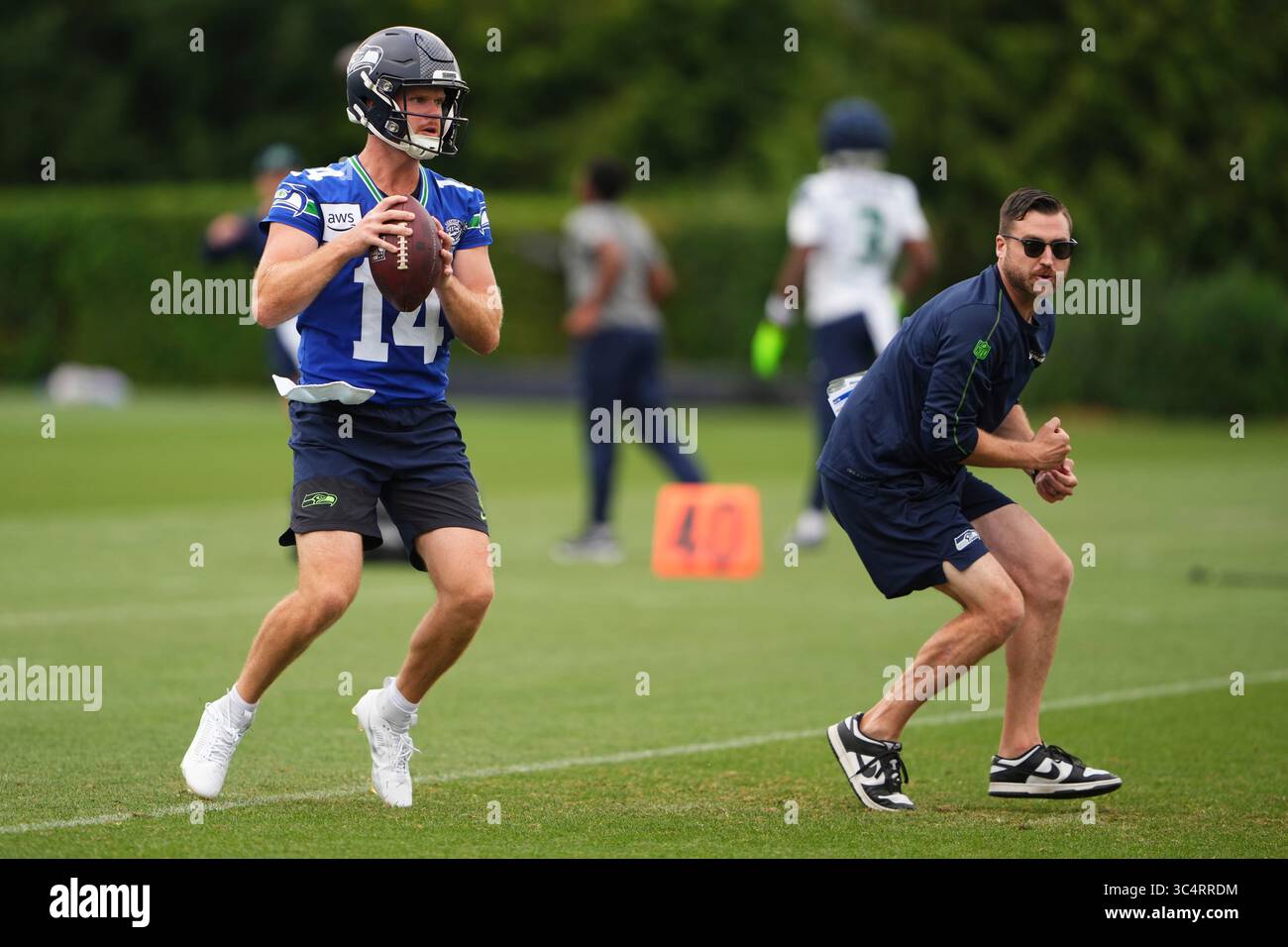 Seattle Seahawks quarterback Sam Darnold looks to throw during the NFL ...