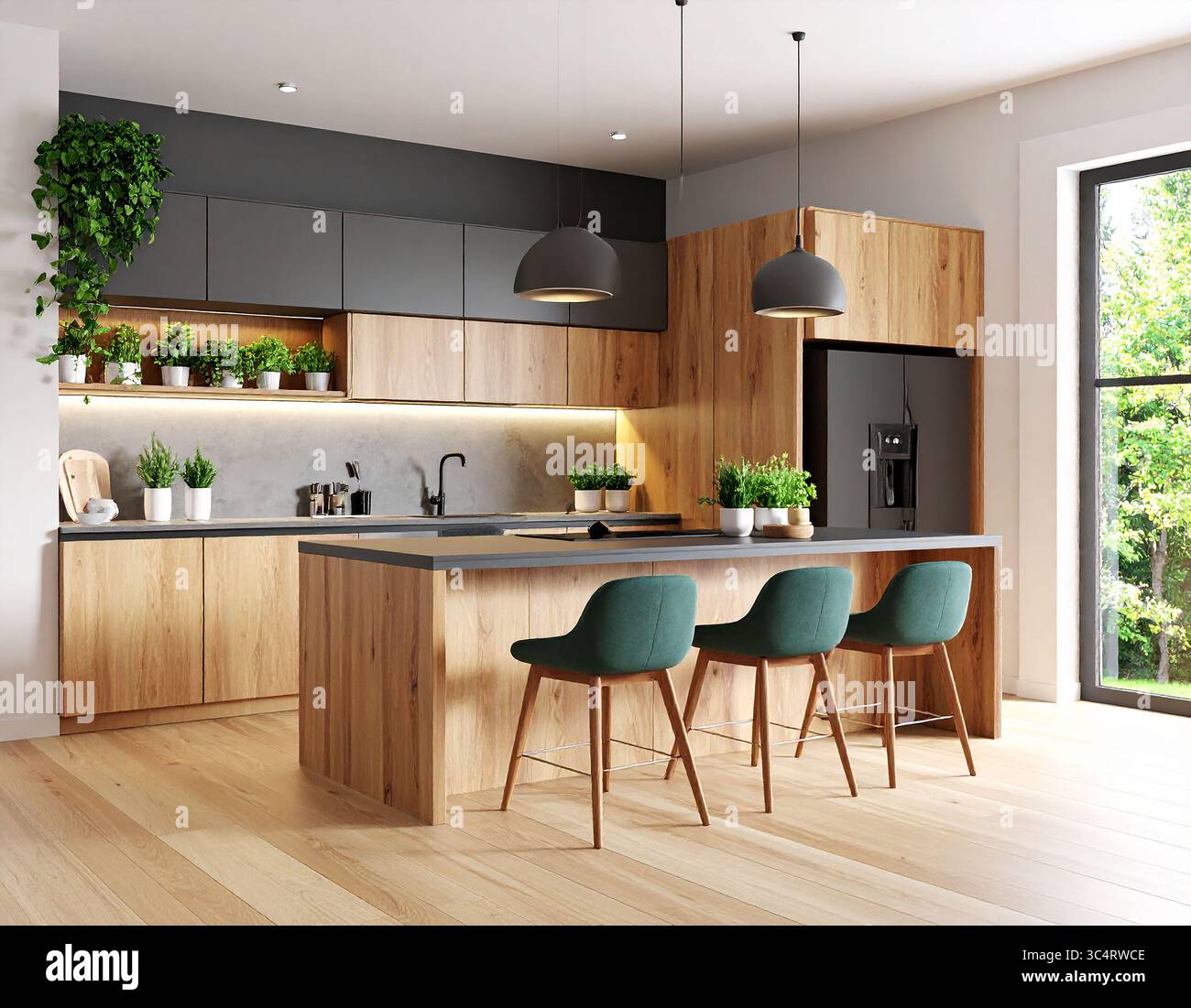 Modern kitchen with dominant wood elements and natural textures ...