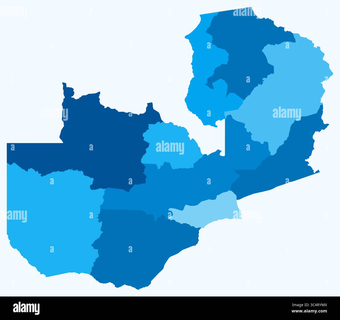 Map of Zambia with regions. Just a simple country border map with region division. Light blue ...