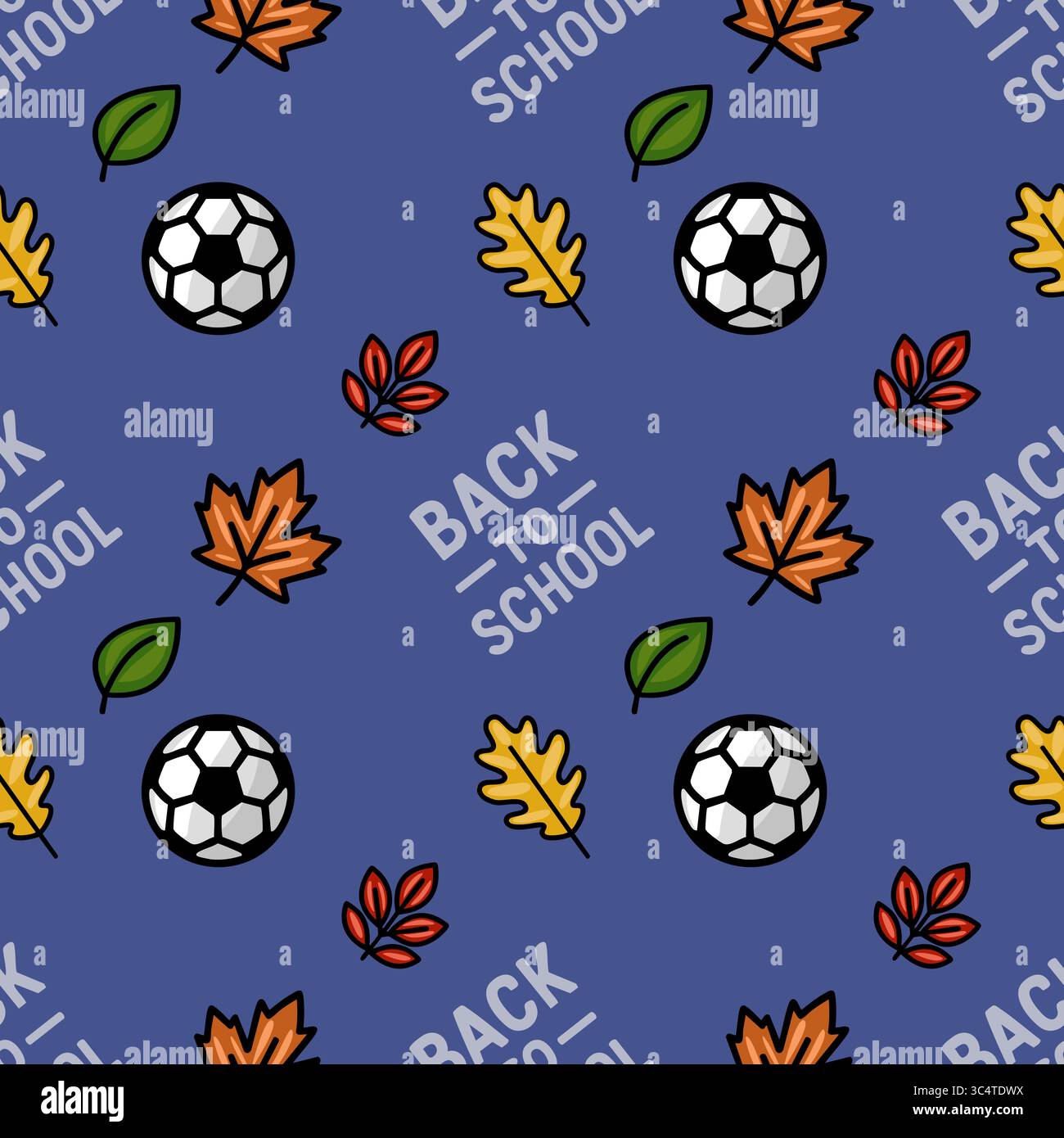 A vibrant vector seamless pattern celebrating Back to School, featuring autumn leaves, soccer balls, and a playful hand-drawn style on a deep blue bac Stock Vector