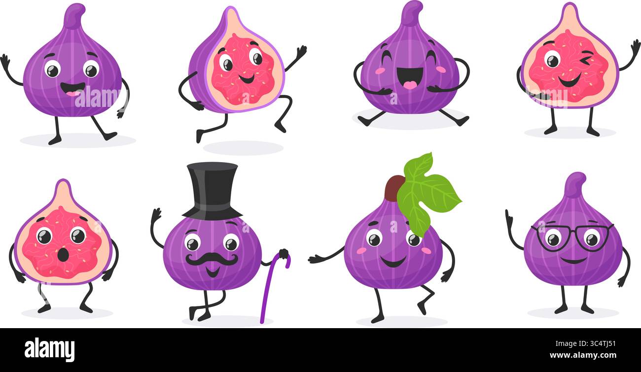 Happy Week Figs Fig characters. Cartoon figs cute mascot, funny tropical exotic purple ...