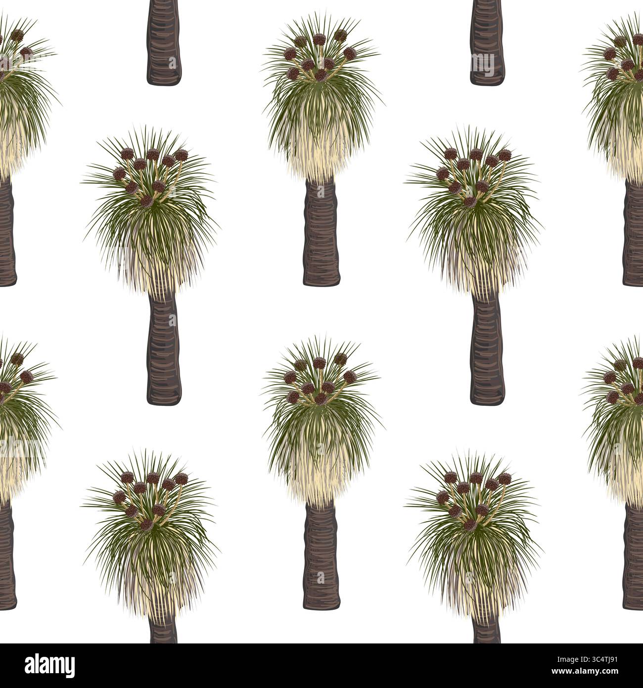 Kingia australis tree seamless pattern. The Bullanock Grass tree in blossom, native Australian endemic flora background. Vector illustration. Stock Vector