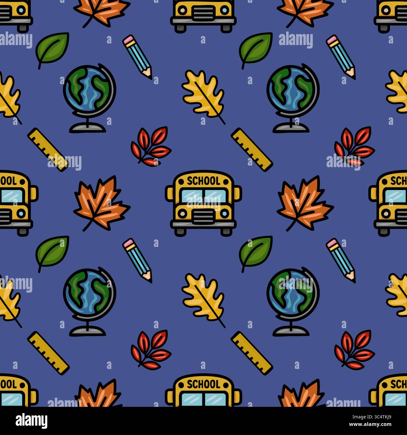 Autumn Ruler Delightful vector seamless pattern featuring a school bus, globe ...