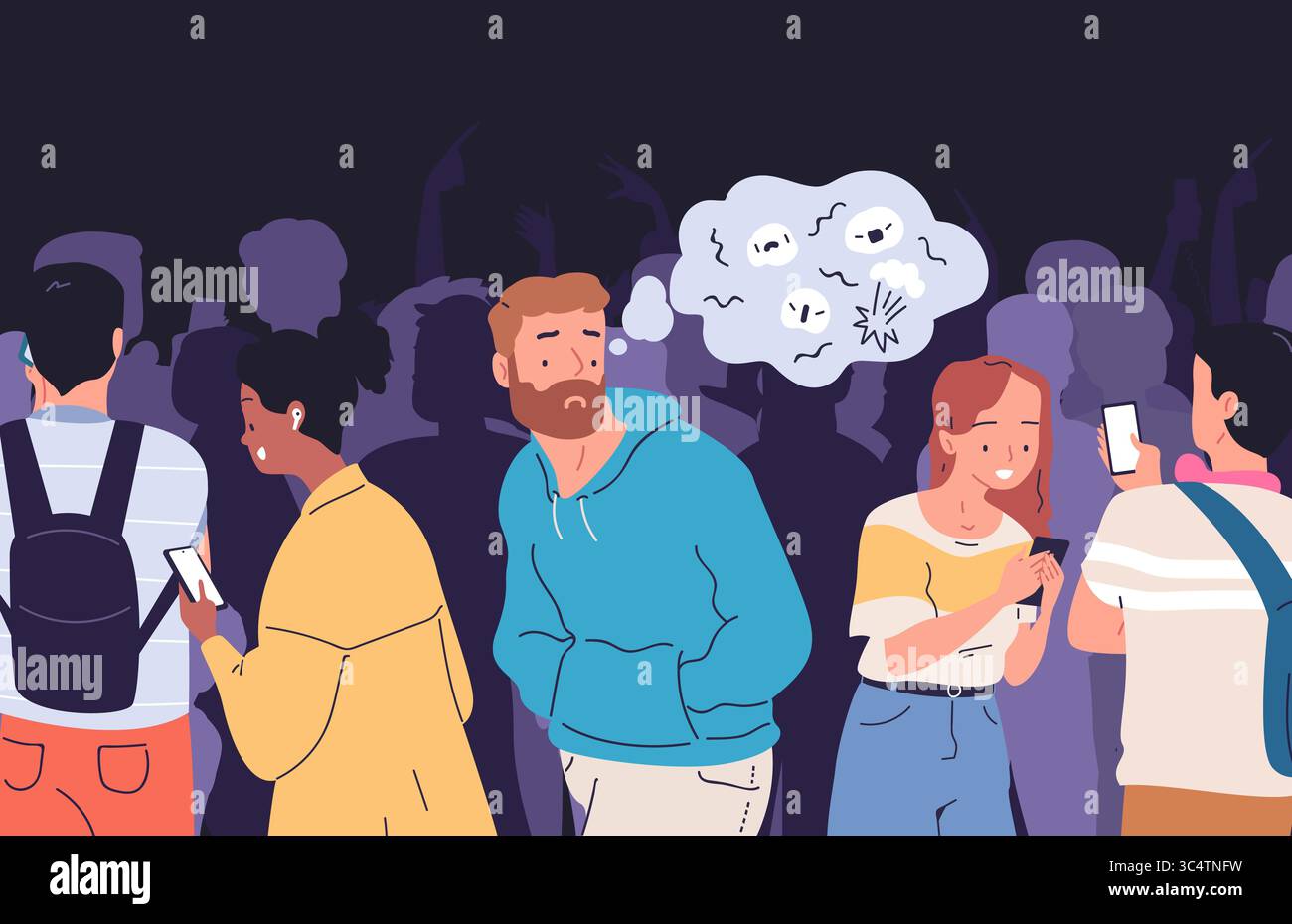 Lonely people crowd. Alone person in crowded city street, anxiety ...