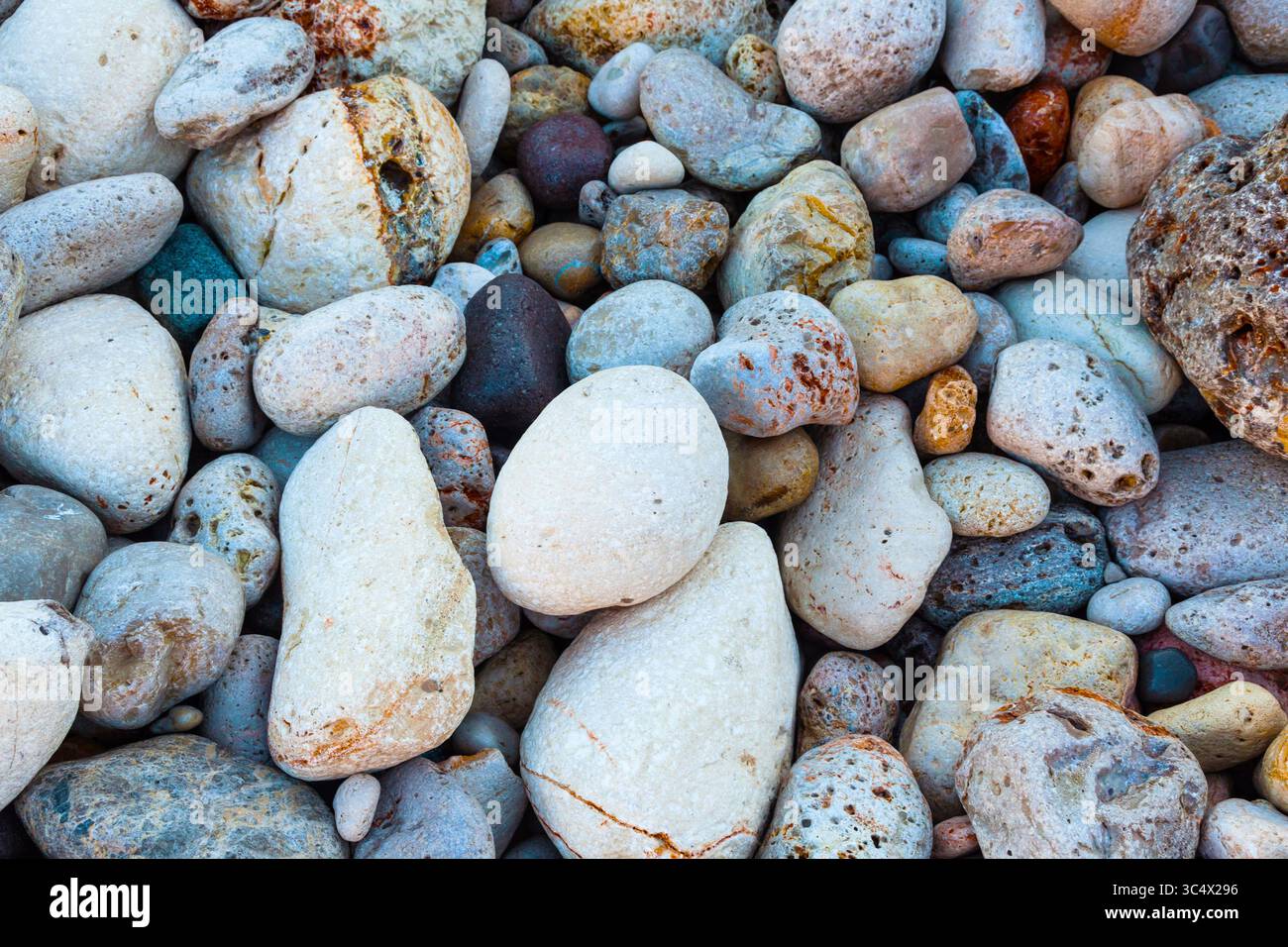 Stones of different shapes, sizes and colors on the seashore, close-up ...