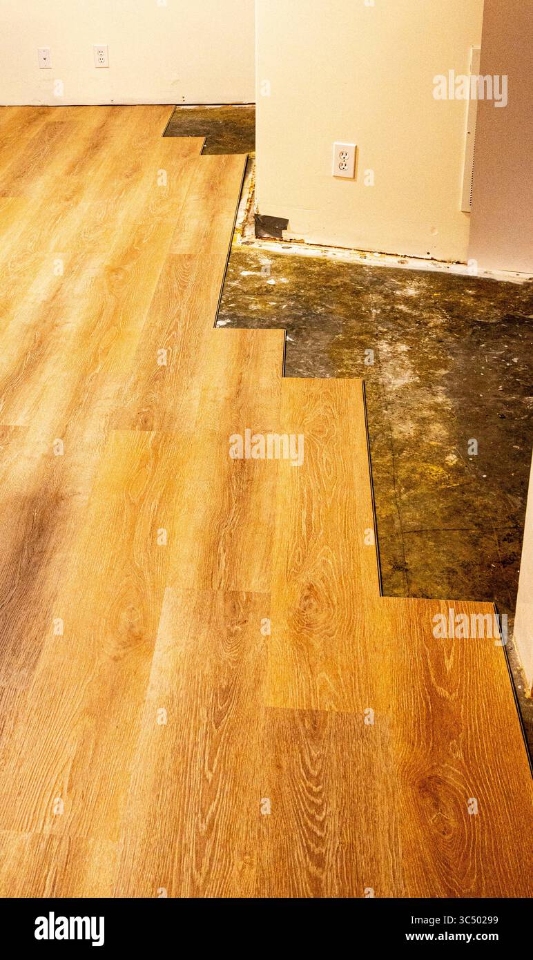 Installing vinyl plank flooring on concrete floor Stock Photo