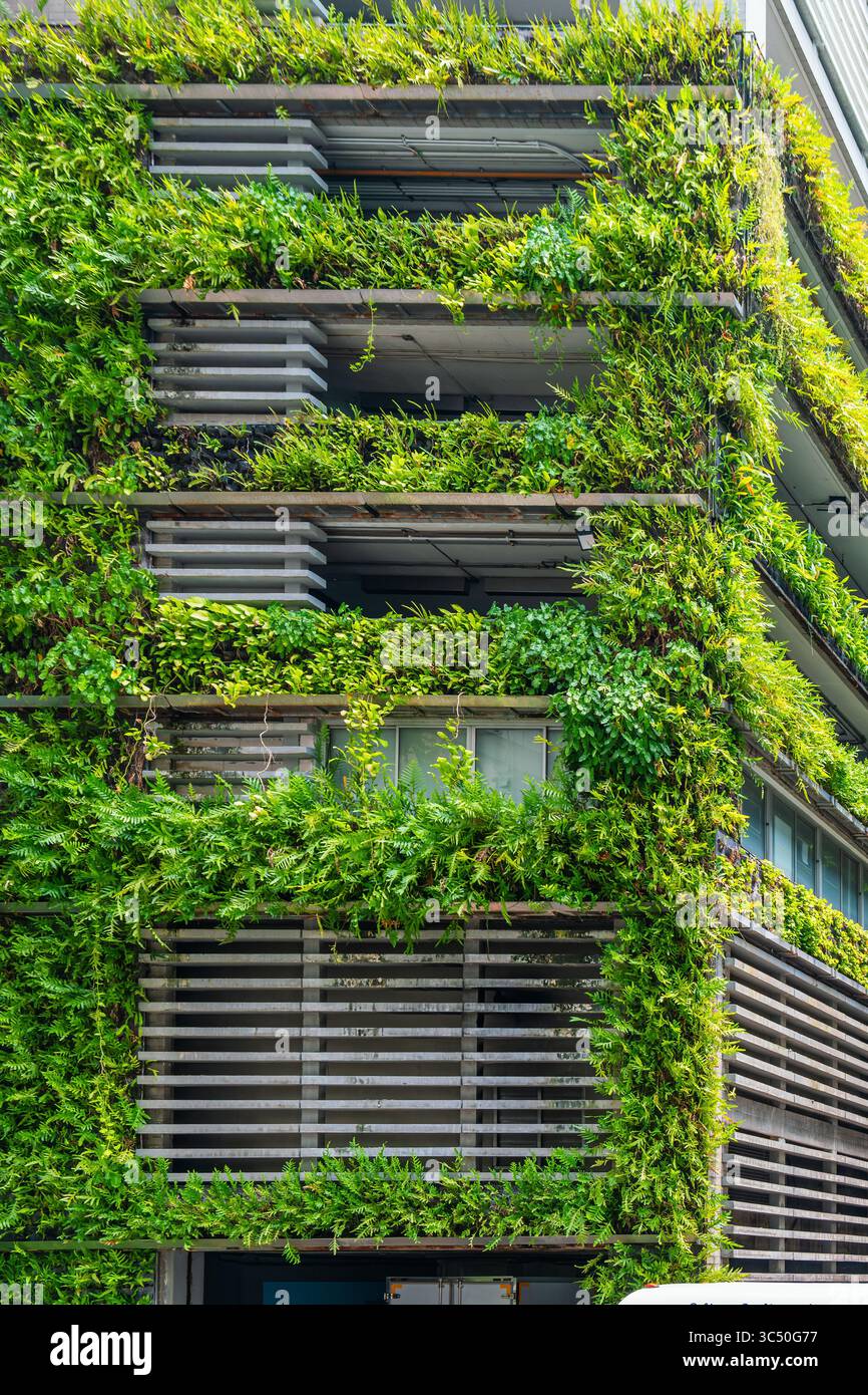 Modern building facade with lush green plants and vertical gardens ...