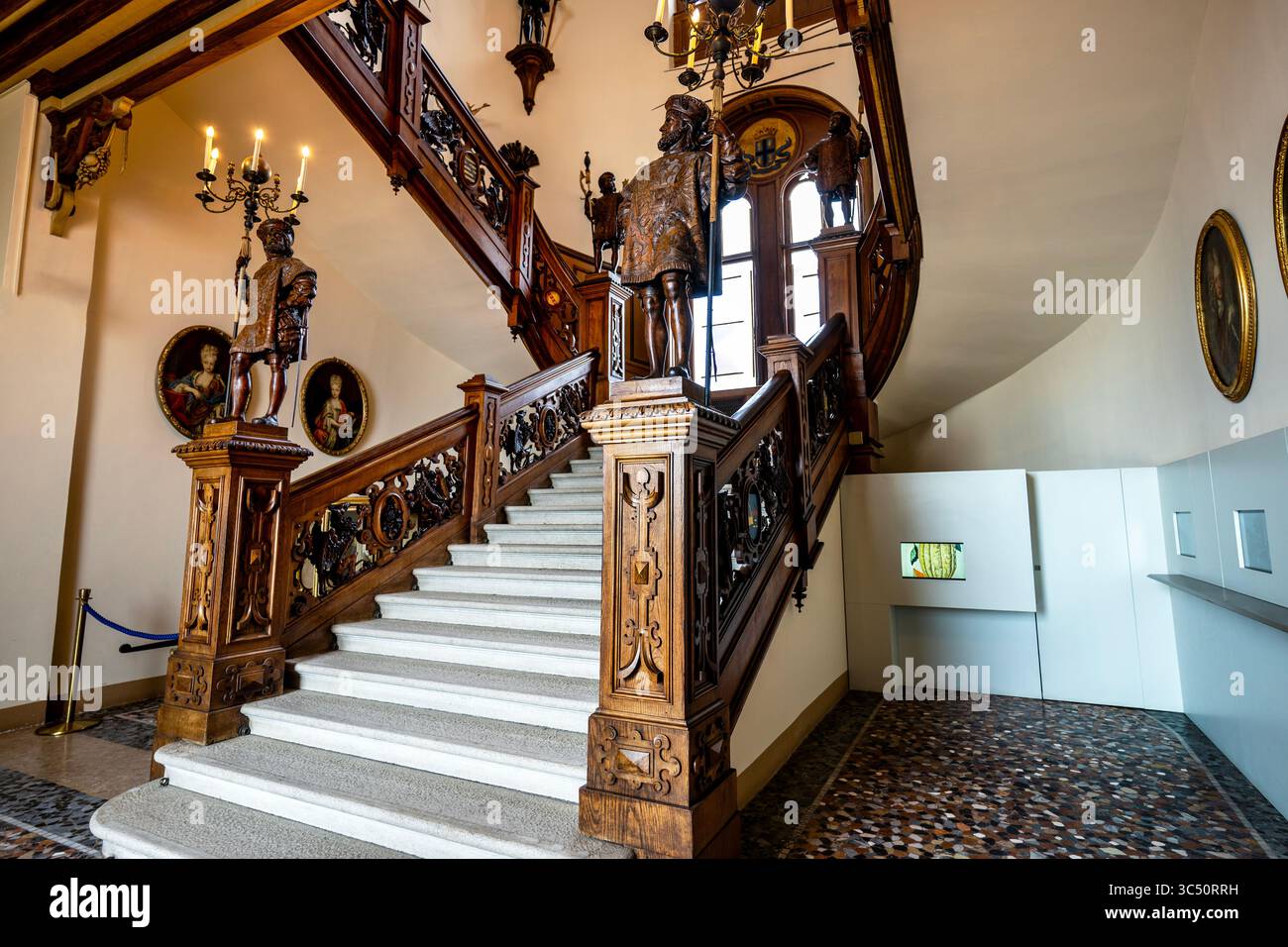 Grand staircase of Eclectic style Miramare Castle in Trieste, Italy. Stock Photo