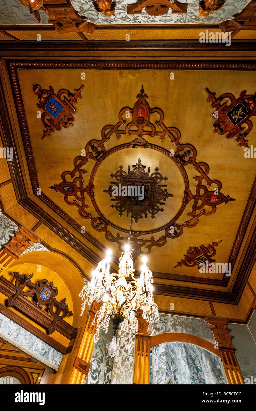 Richly decorated ceiling in Eclectic style Miramare Castle in Trieste, Italy. Stock Photo