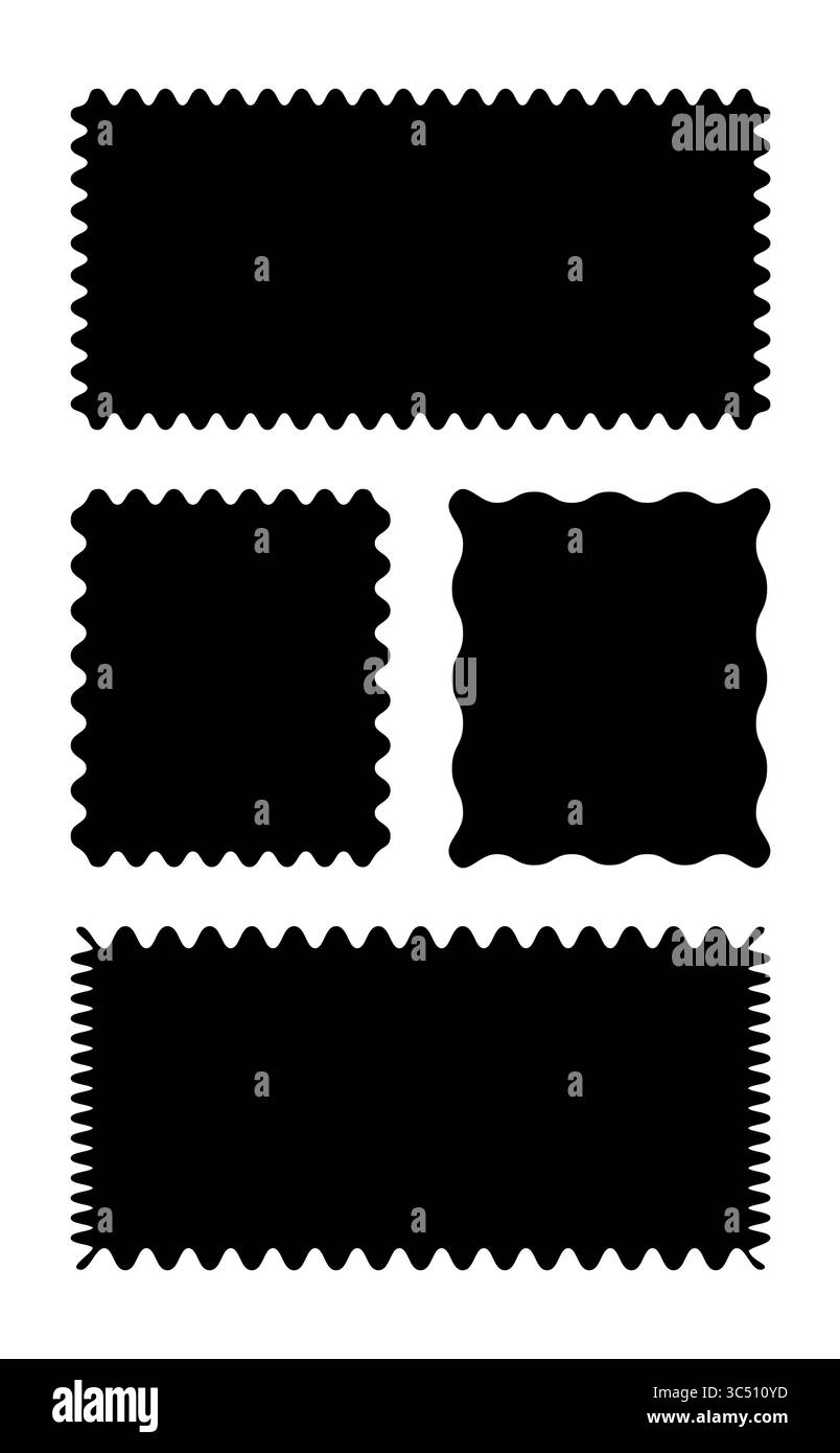 Rectangular patterns with squiggly borders. Wave curve edge frames. Black tags, empty text boxes, labels, stamps, crackers, coupons with curvy Stock Vector