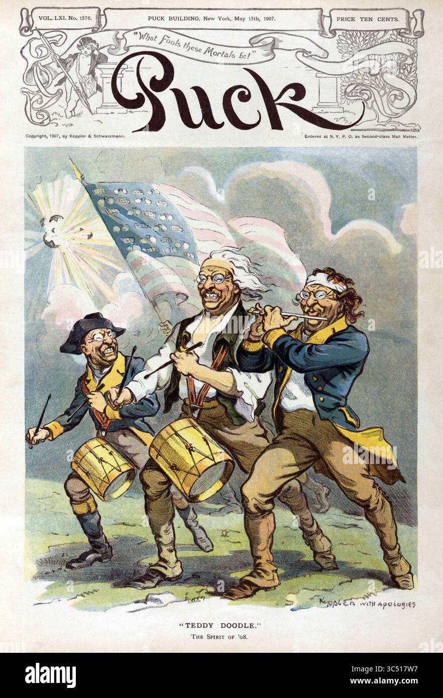 June 25, 2019, USA: ''Teddy Doodle'', Theodore Roosevelt with Members of Fife and Drum Corp Marching into Battle, Puck Magazine, Artwork by Udo J. Keppler, Published by Keppler & Schwarzmann, May 15, 1907 (Credit Image: © JT Vintage/Glasshouse via ZUMA Wire) Stock Photo