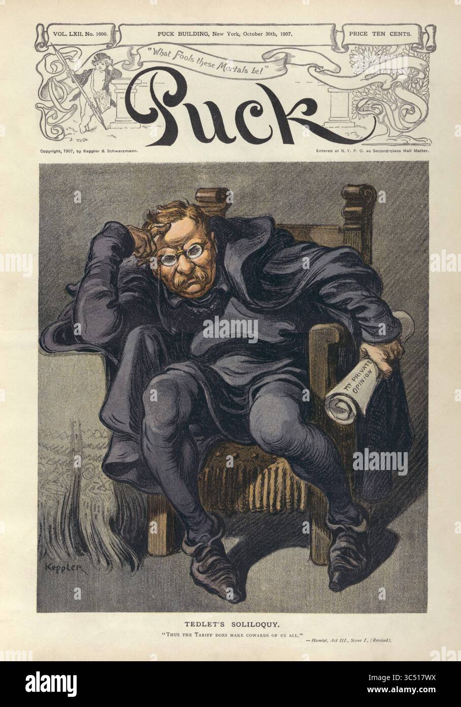 June 26, 2019, USA: ''Tedlet's Soliloquy'', Theodore Roosevelt, as Hamlet, sitting in Chair, Holding a Paper Labeled ''My Private Opinion'', Puck Magazine, Artwork by Udo J. Keppler, Published by Keppler & Schwarzmann, October 30, 1907 (Credit Image: © JT Vintage/Glasshouse via ZUMA Wire) Stock Photo
