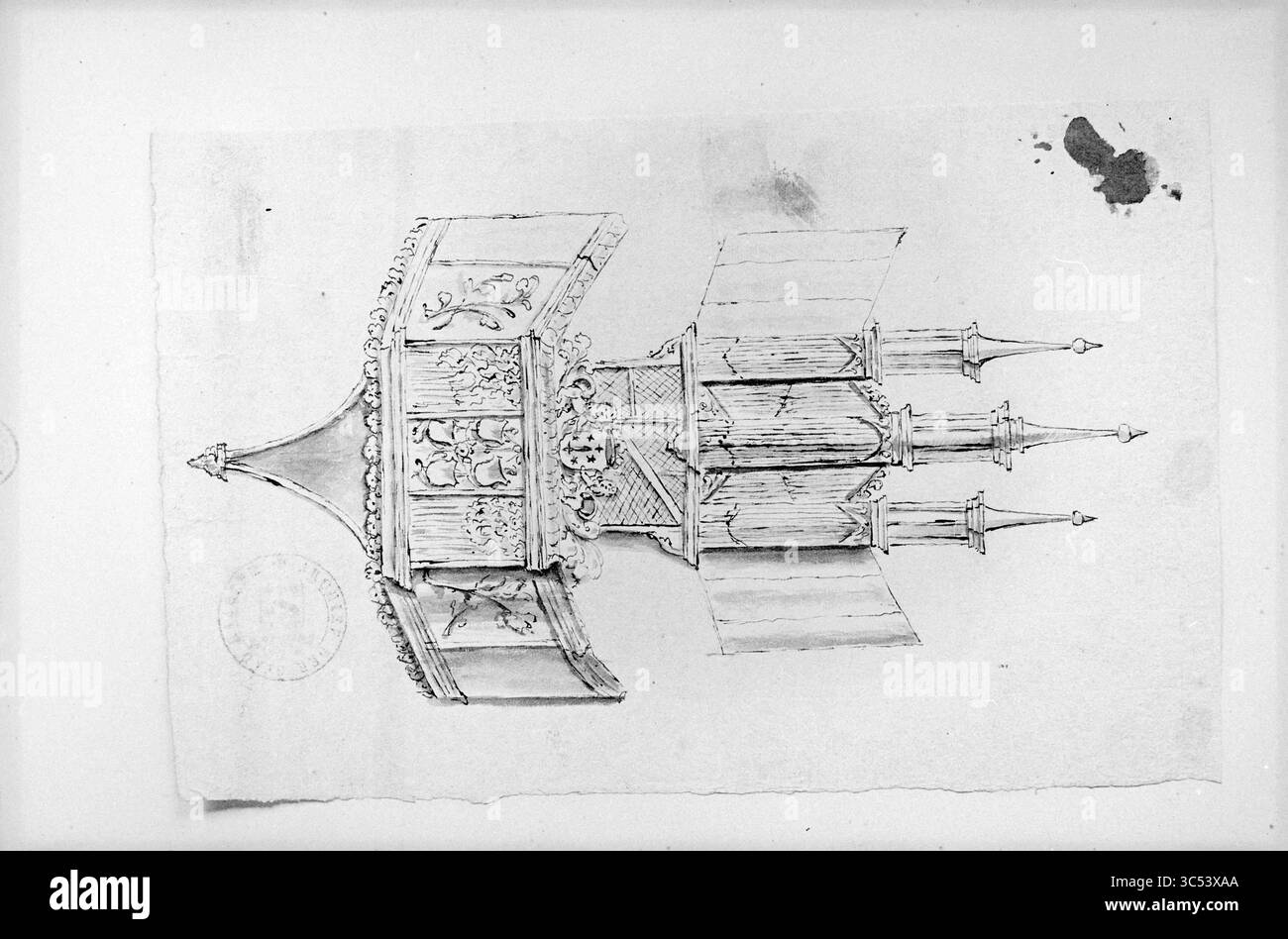 Drawing City Archives organs, Haarlem, Organs and organists, 20-02-1961 Whizgle News, Dutch Desk, The Netherlands, 1950-2000 An intricate architectural design featuring a grand, ornate structure with multiple spires and decorative elements. The piece highlights detailed carvings and embellishments, showcasing a blend of elegance and craftsmanship. Stock Photo