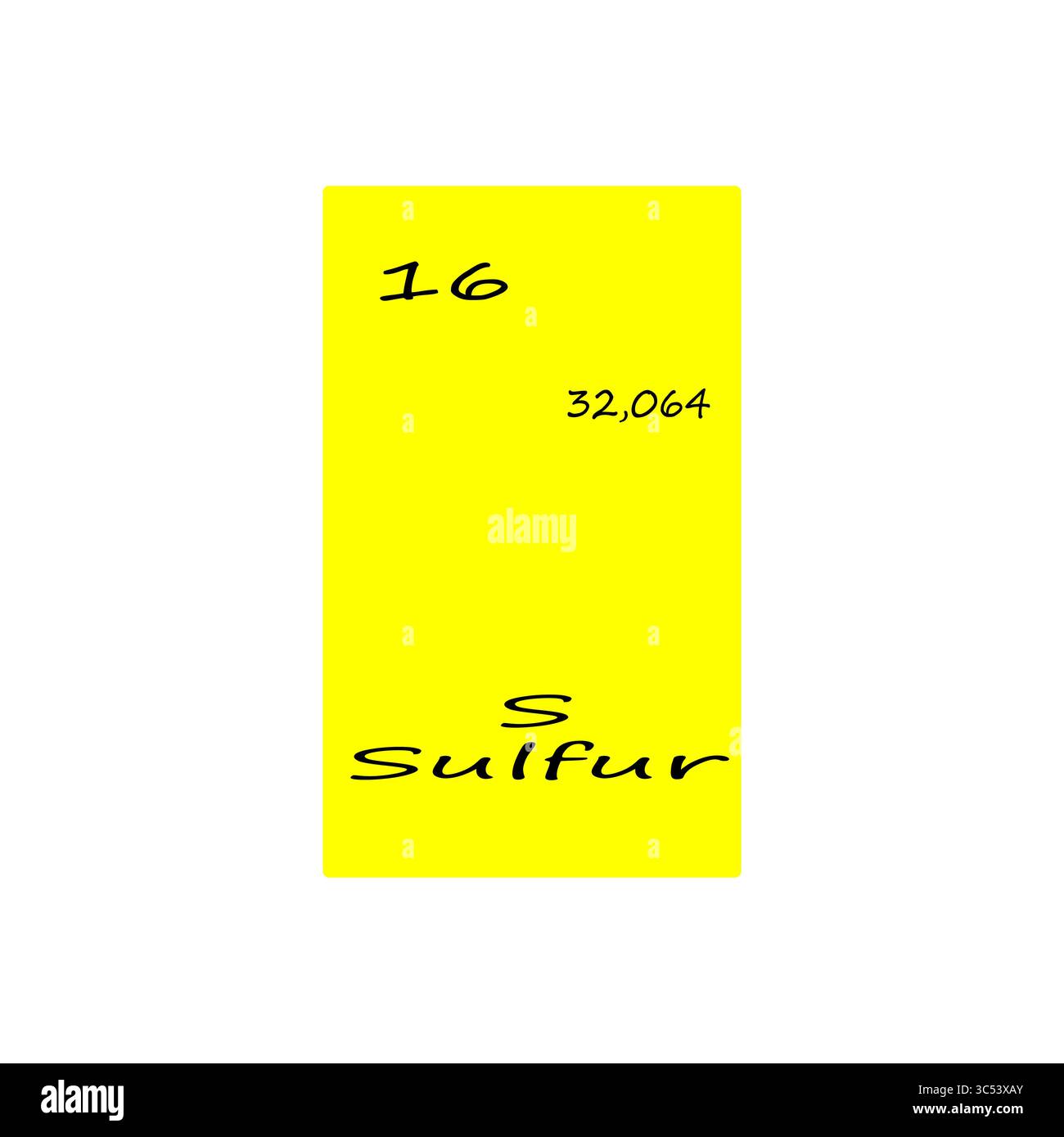 Sulfur element icon. Sixteen number. Thirty two mass. Vector periodic table. Stock Vector