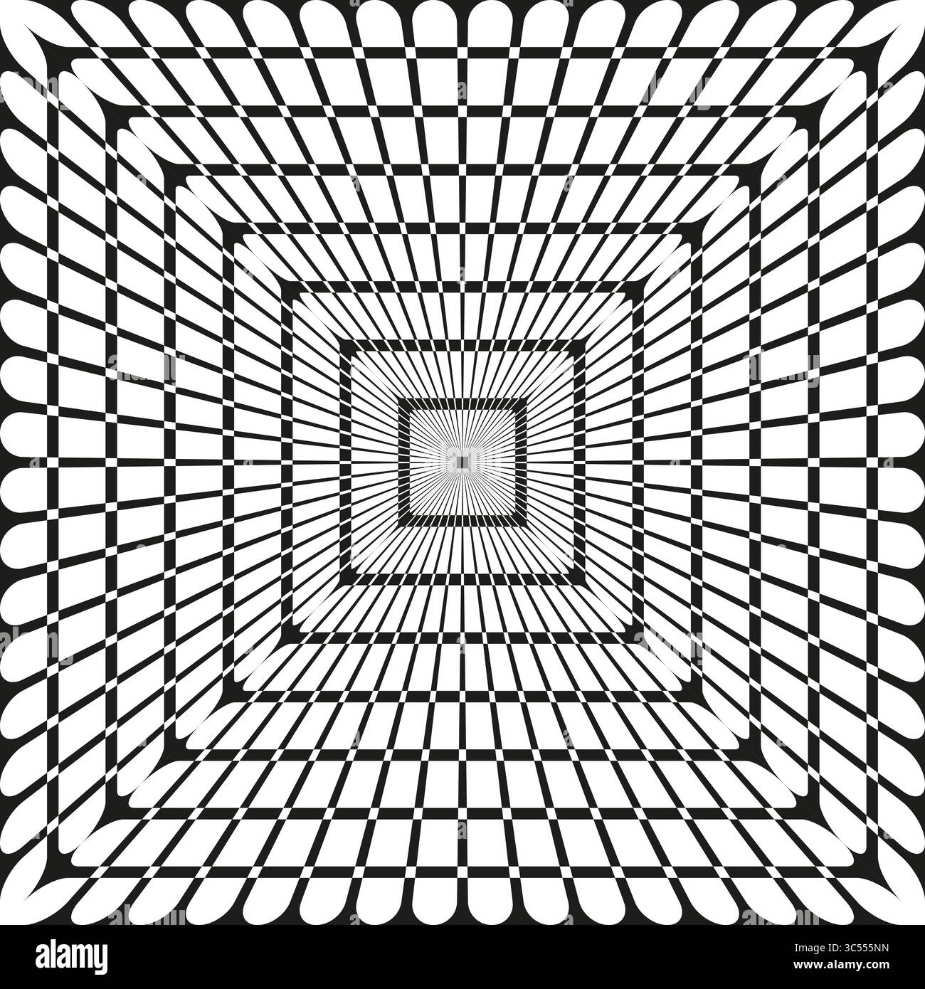 Optical tunnel pattern. Square radial lines. Hypnotic grid Vector. Black white design. Stock Vector
