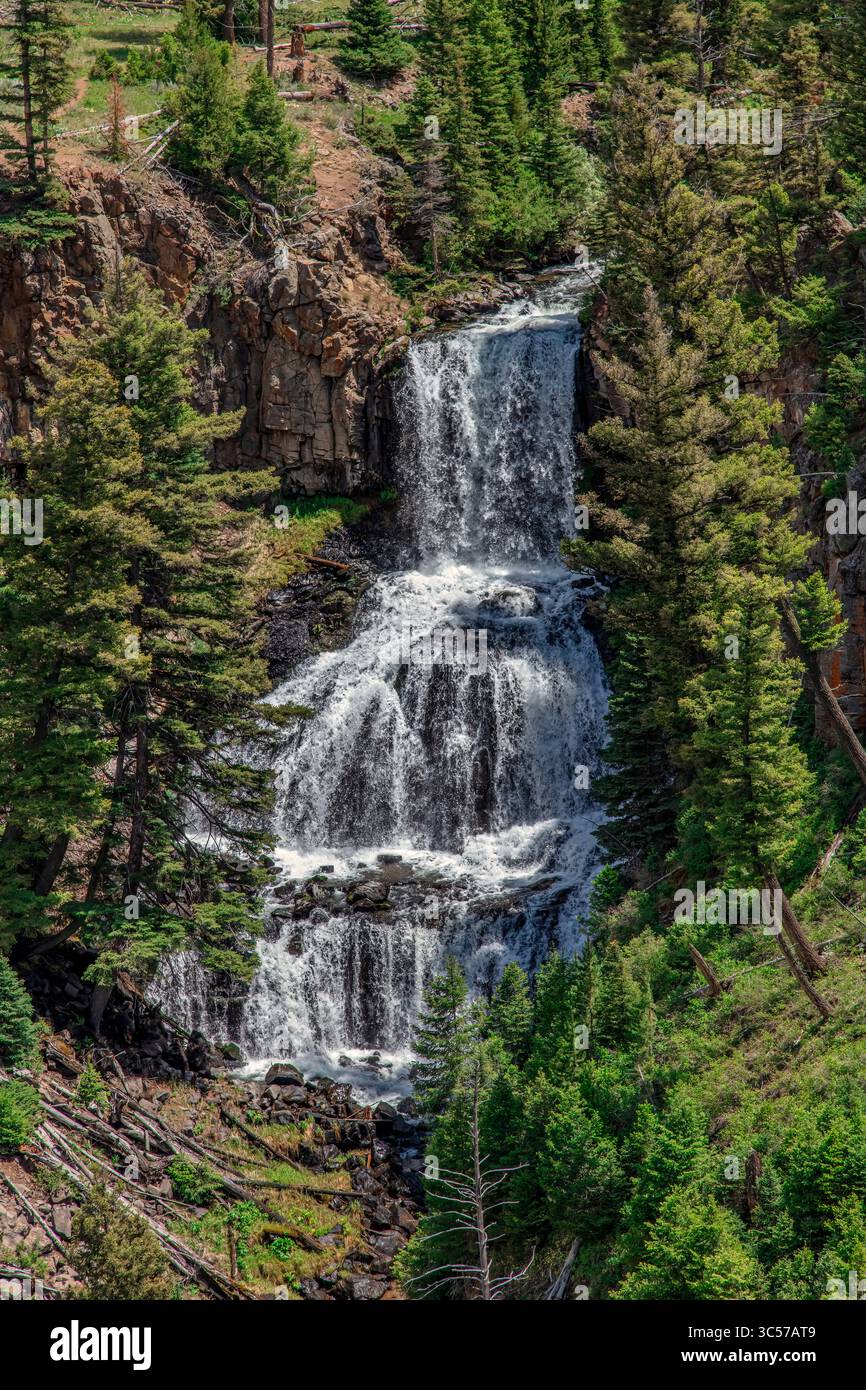 Undine Falls is a three-tiered waterfall along Lava Creek in Yellowstone National Park. Stock Photo