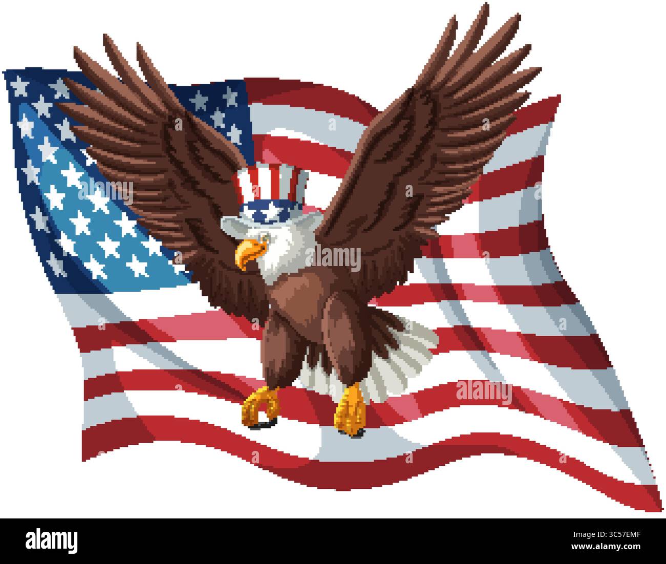 Vector illustration of a bald eagle flying over a waving American flag ...
