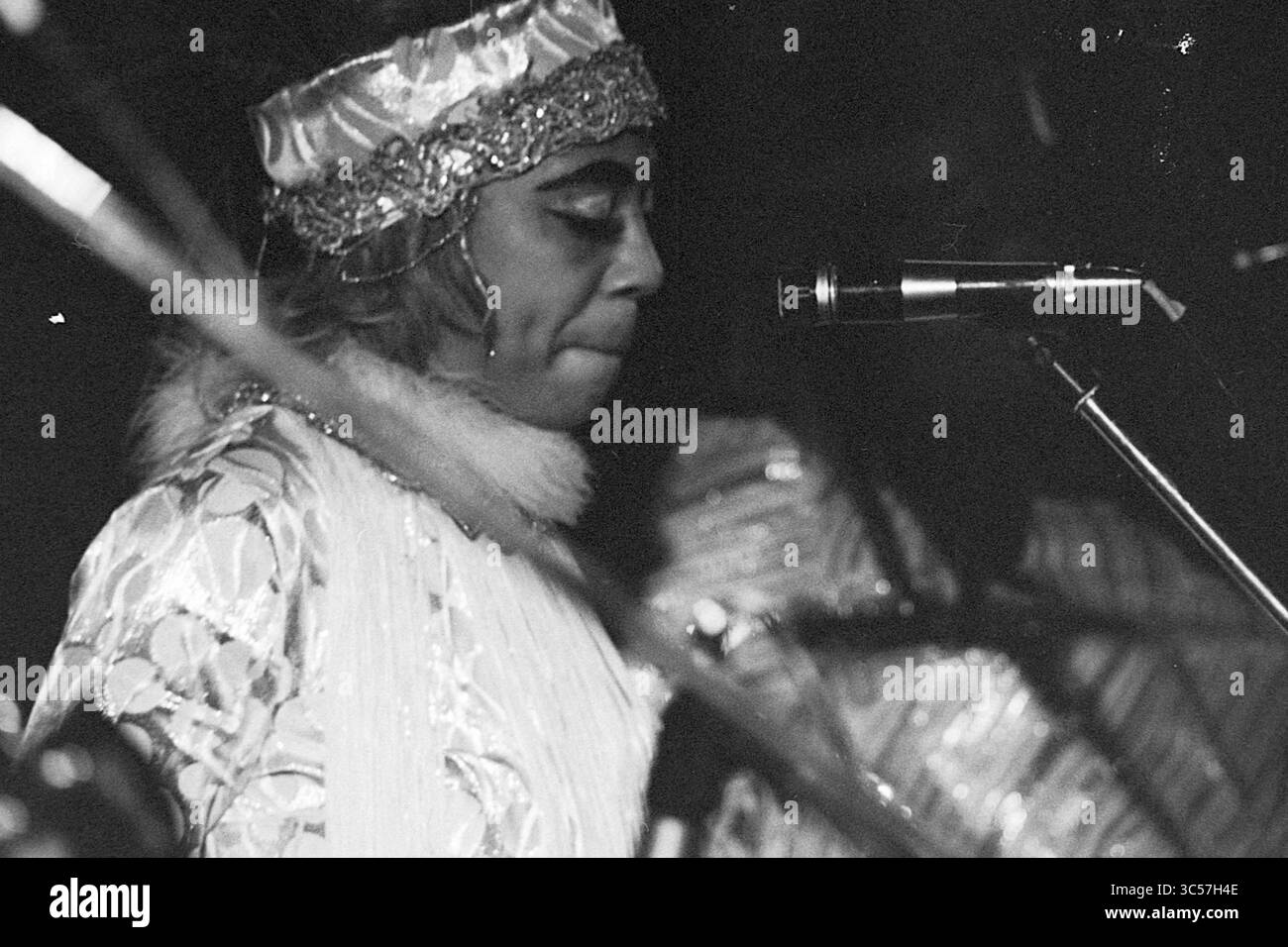 Holland Pop Festival in the Kralingse bos, which has gone down in history as the Dutch version of the American Woodstock festival. With performances by The Byrds, Mungo Jerry, Canned Heat and Jefferson Airplane, Music, Rotterdam, 26-06-1970 Whizgle News, Dutch Desk, The Netherlands, 1950-2000 A performer with dramatic makeup and a striking outfit stands close to a microphone, exuding charisma and focus while engaged in a musical moment. Their elaborate costume features shimmering details and bold textures, highlighting a vibrant stage presence. Stock Photo
