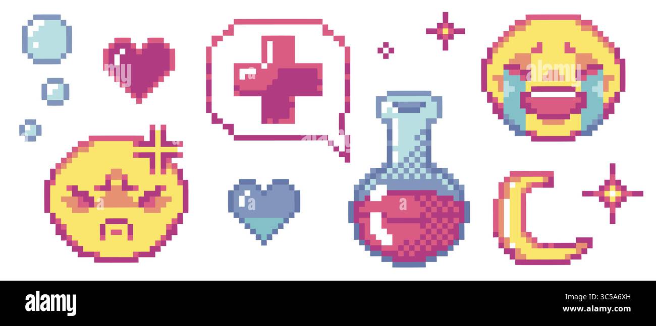 Pixel art y2k emoticons - blue bubbles, pink heart, medical cross in ...