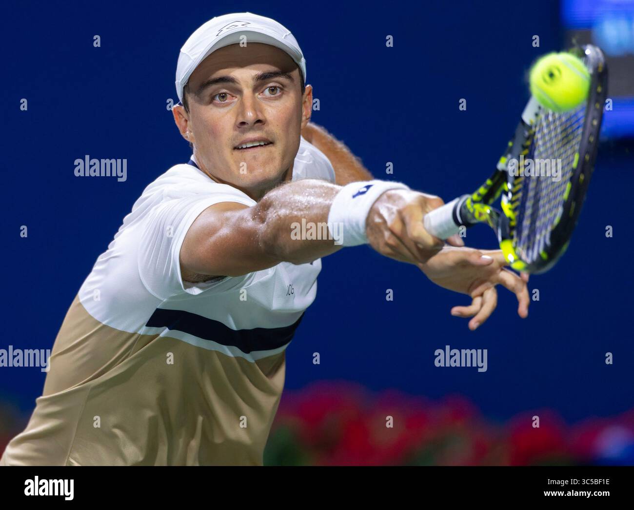 Toronto, Canada. 29th July, 2025. Adam Walton hits a return during the men's singles second round match between Alexander Zverev of Germany and Adam Walton of Australia at the 2025 National Bank Open tennis tournament in Toronto, Canada, July 29, 2025. Credit: Zou Zheng/Xinhua/Alamy Live News Stock Photo