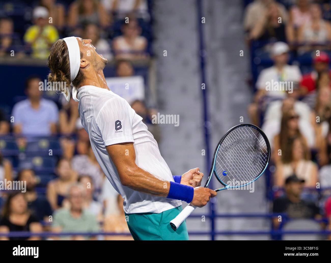 Toronto, Canada. 29th July, 2025. Alexander Zverev reacts during the men's singles second round match between Alexander Zverev of Germany and Adam Walton of Australia at the 2025 National Bank Open tennis tournament in Toronto, Canada, July 29, 2025. Credit: Zou Zheng/Xinhua/Alamy Live News Stock Photo