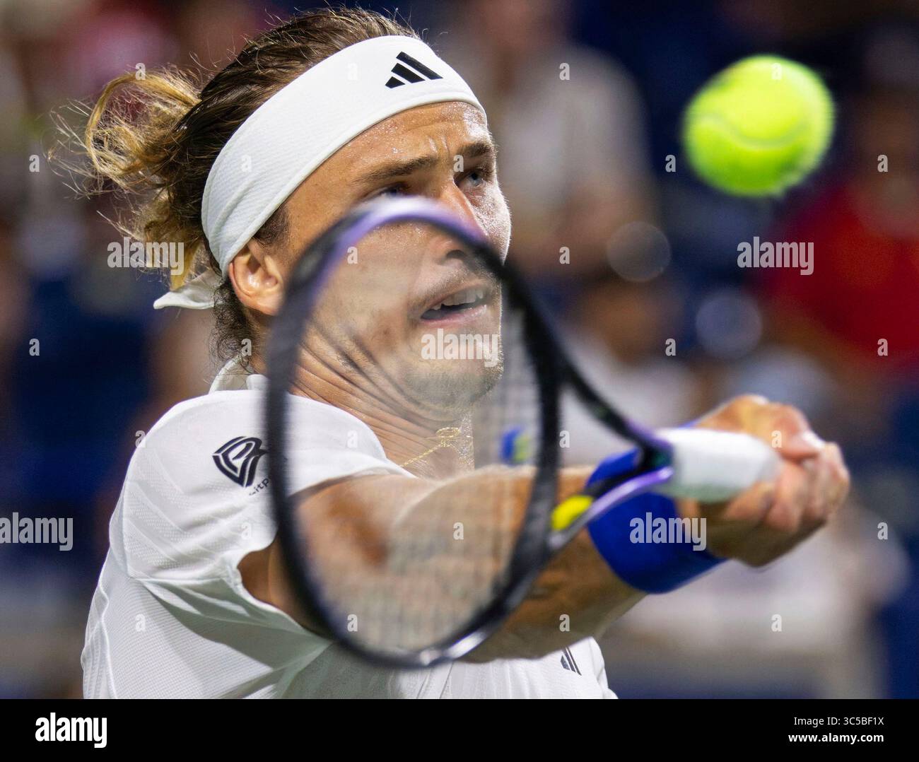 Toronto, Canada. 29th July, 2025. Alexander Zverev hits a return during the men's singles second round match between Alexander Zverev of Germany and Adam Walton of Australia at the 2025 National Bank Open tennis tournament in Toronto, Canada, July 29, 2025. Credit: Zou Zheng/Xinhua/Alamy Live News Stock Photo