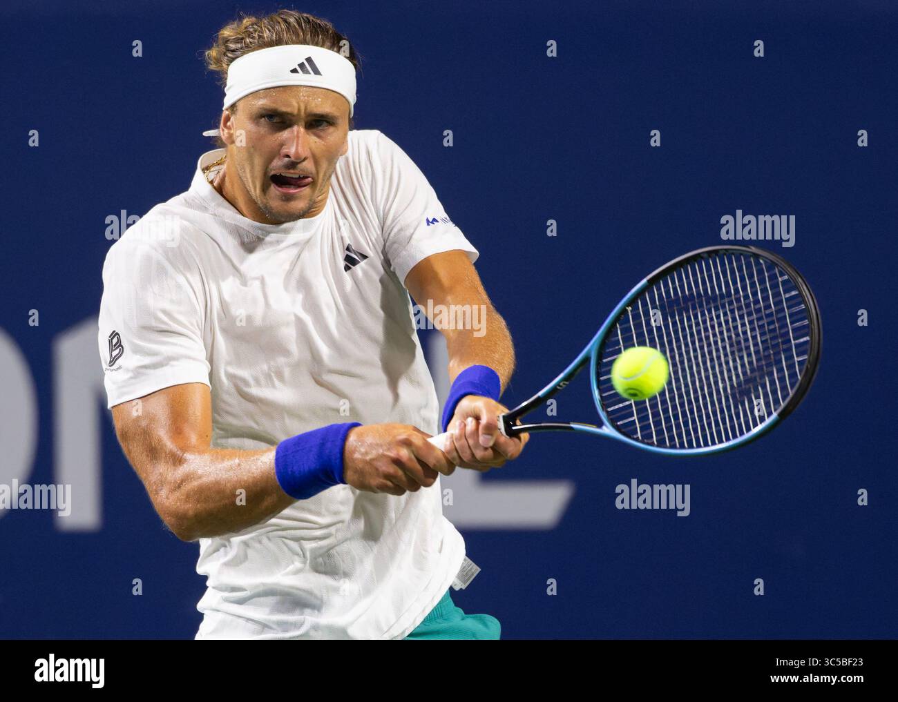 Toronto, Canada. 29th July, 2025. Alexander Zverev hits a return during the men's singles second round match between Alexander Zverev of Germany and Adam Walton of Australia at the 2025 National Bank Open tennis tournament in Toronto, Canada, July 29, 2025. Credit: Zou Zheng/Xinhua/Alamy Live News Stock Photo