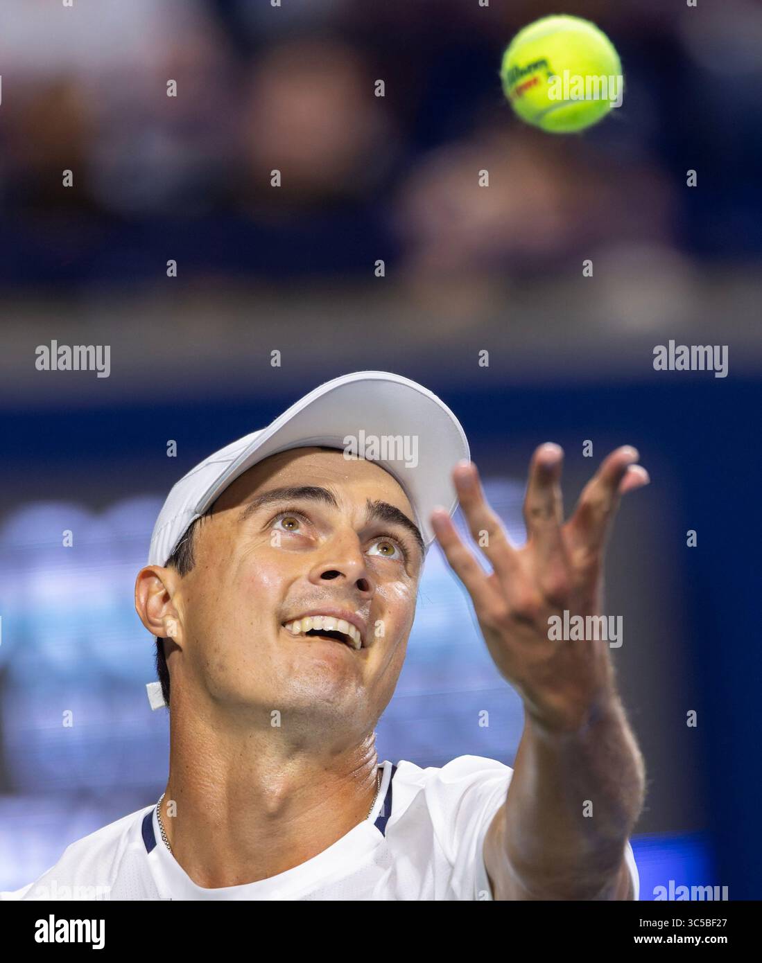 Toronto, Canada. 29th July, 2025. Adam Walton serves during the men's singles second round match between Alexander Zverev of Germany and Adam Walton of Australia at the 2025 National Bank Open tennis tournament in Toronto, Canada, July 29, 2025. Credit: Zou Zheng/Xinhua/Alamy Live News Stock Photo